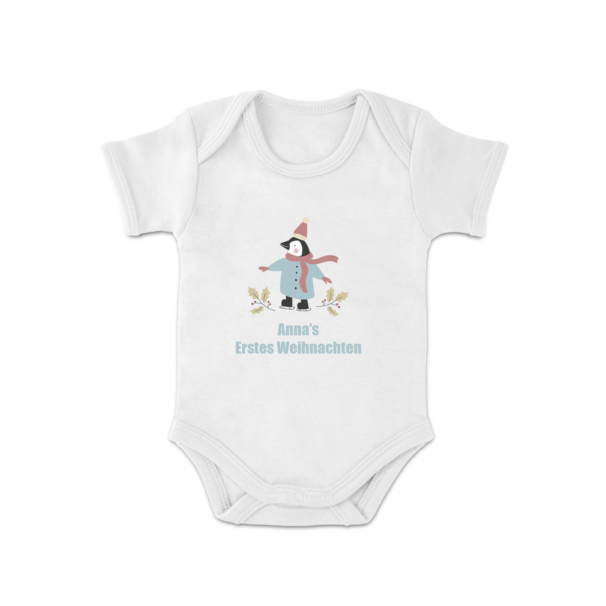 Weißer Baby Body mit Pinguin-Design und "Anna's Erstes Weihnachten" Text, personalisierbar mit Namen oder Text.