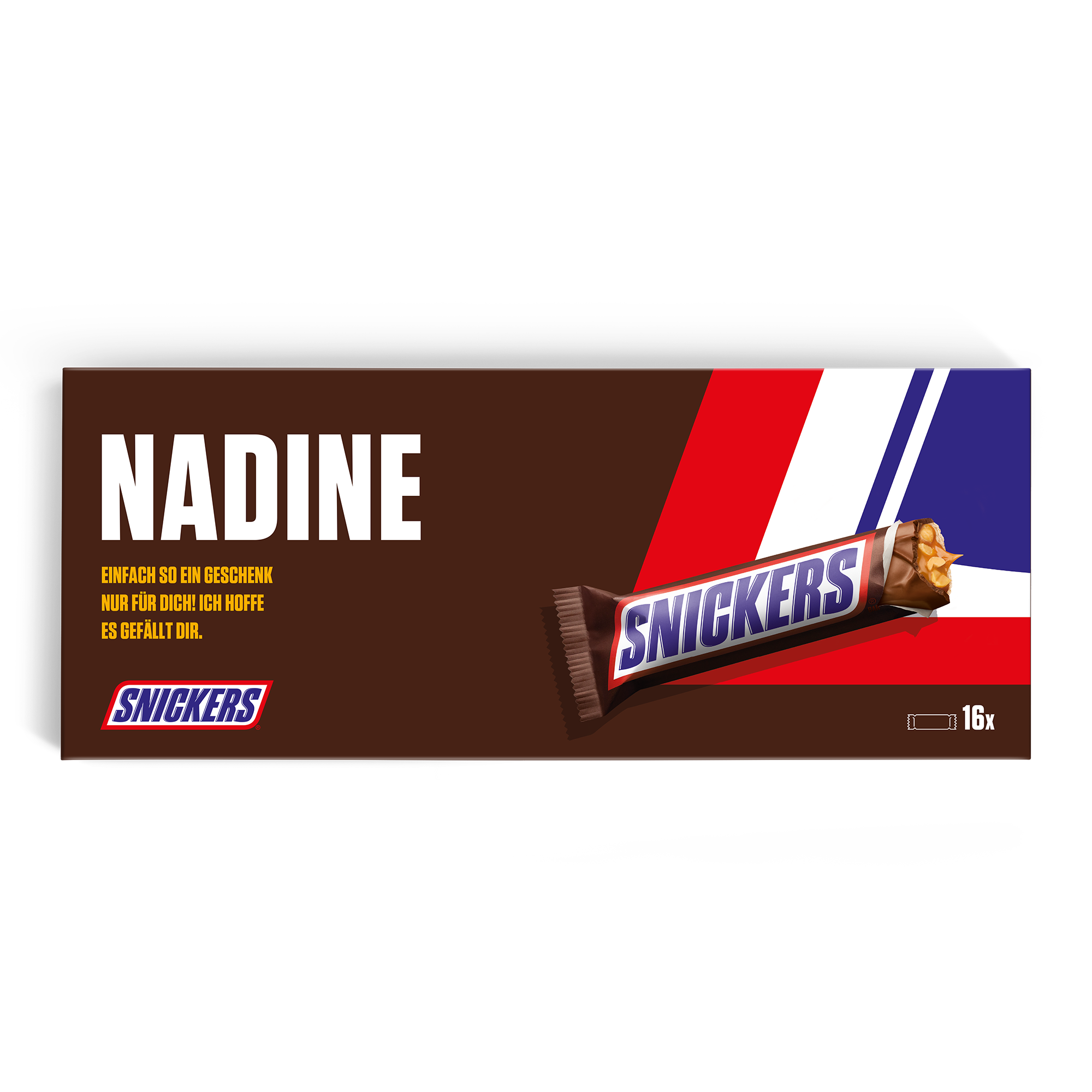 Personalisierter XXL Snickers Schokoriegel mit "NADINE" und Botschaft auf der bedruckten Verpackung