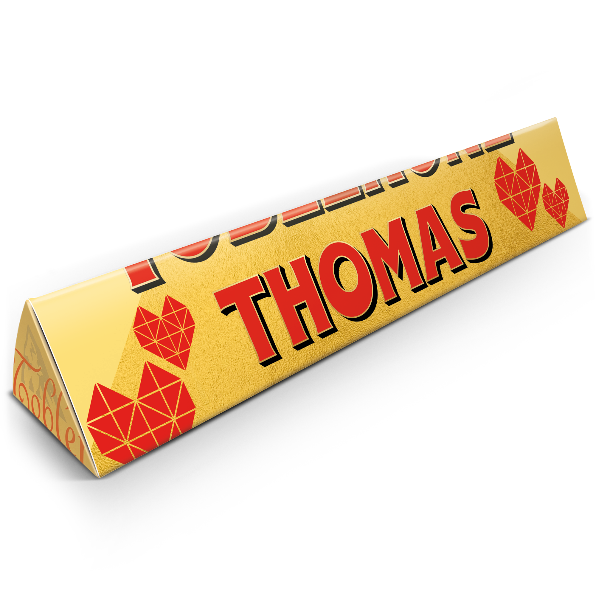 Barra de chocolate personalizada de Toblerone con el nombre Thomas impreso en la envoltura dorada, y corazones rojos.