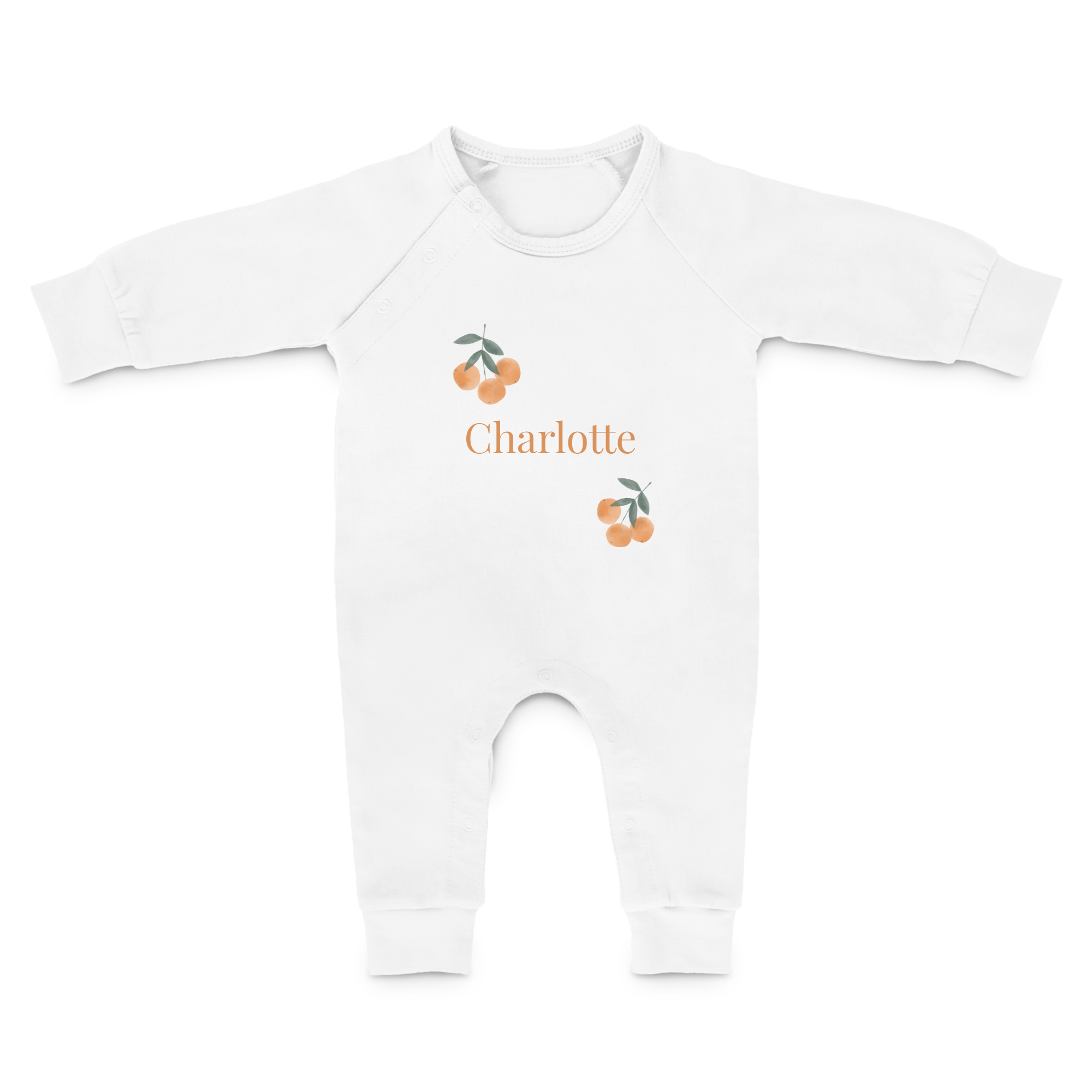 Body blanco de manga larga estampado con el nombre Charlotte y un diseño de naranjas, para mover esas piernas gorditas