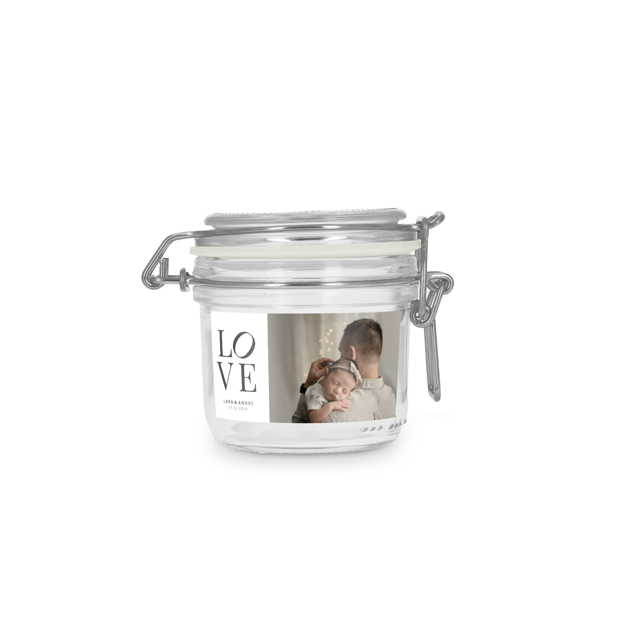 Personalisiertes Glasgefäß mit Deckel, 200 ml, mit aufgedrucktem Foto von Vater und Baby und Text Lara & Andre 27.12.2024