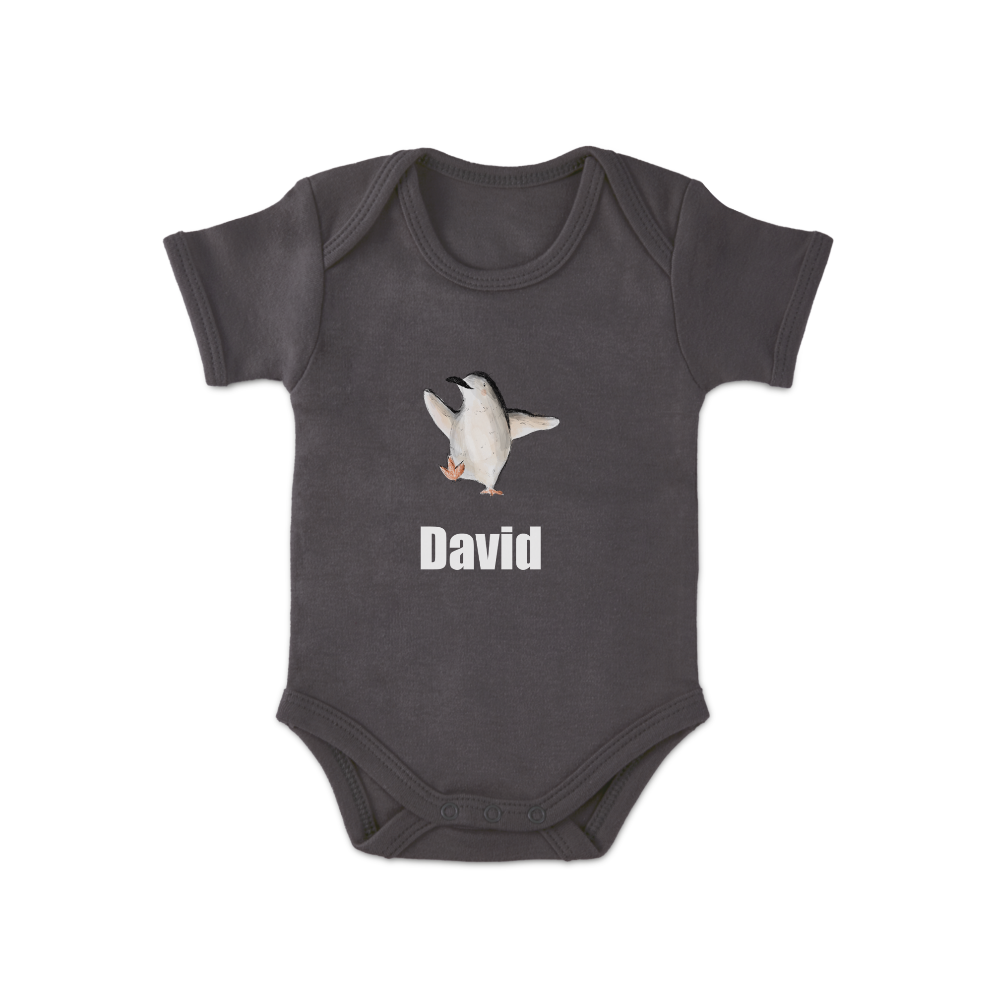 Body personnalisé pour bébé gris avec pingouin imprimé et prénom David