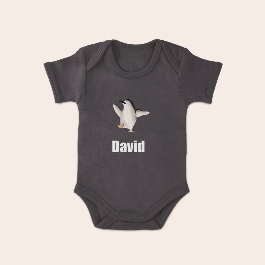 Body personnalisé Body personnalisé pour bébé gris avec pingouin imprimé et prénom David