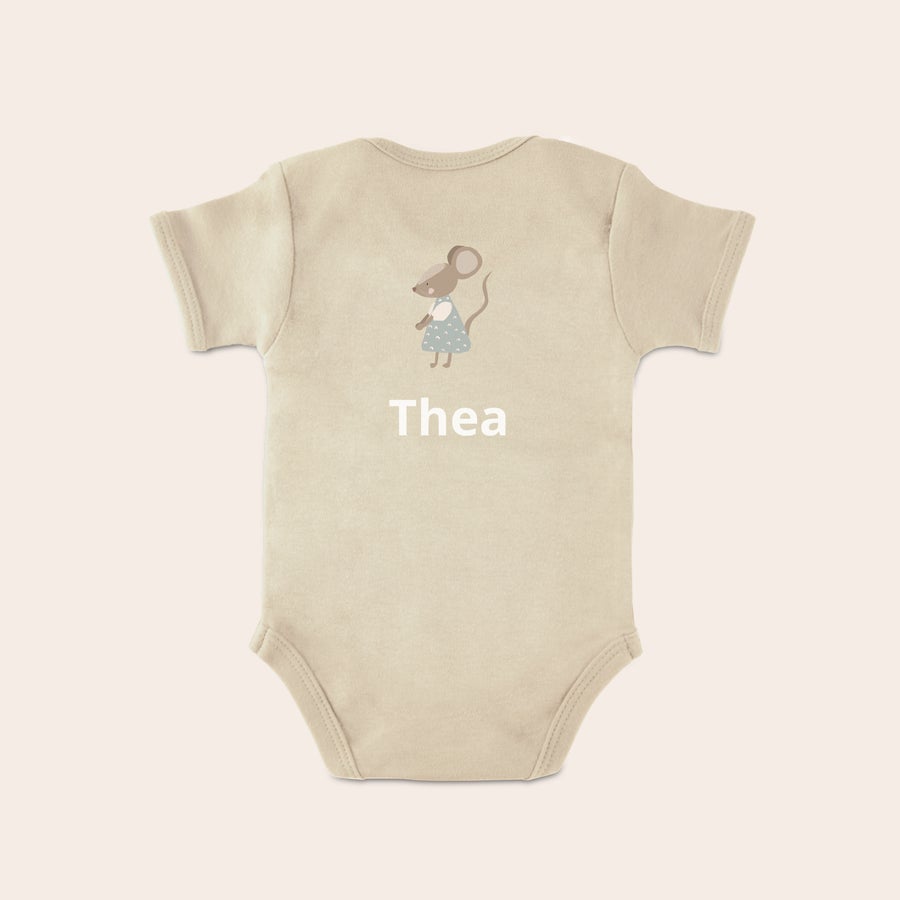 Baby bodysuit Personlig tilpasset babyromper i beige med trykt musemotiv og navnet "Thea".