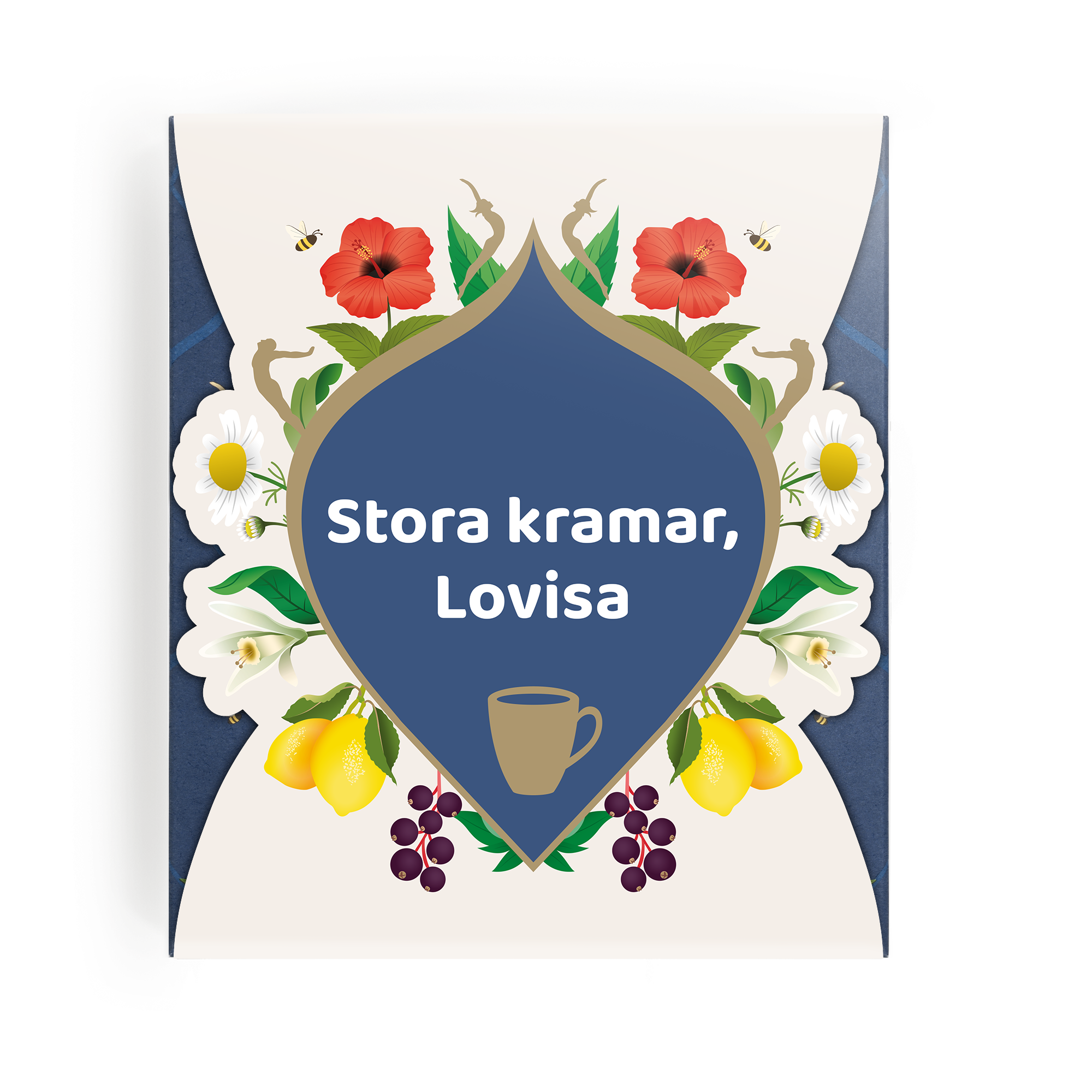Personligt Pukka-teset med blommor och en illustration av en tekopp, tryckt med "Stora kramar, Lovisa" på lådan.