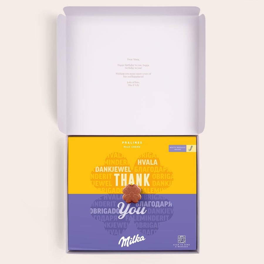 Milka Pralinky Narozeniny Personalizovaná dárková krabička Milka s nápisem Všechno nejlepší k narozeninám!, jménem a zprávou