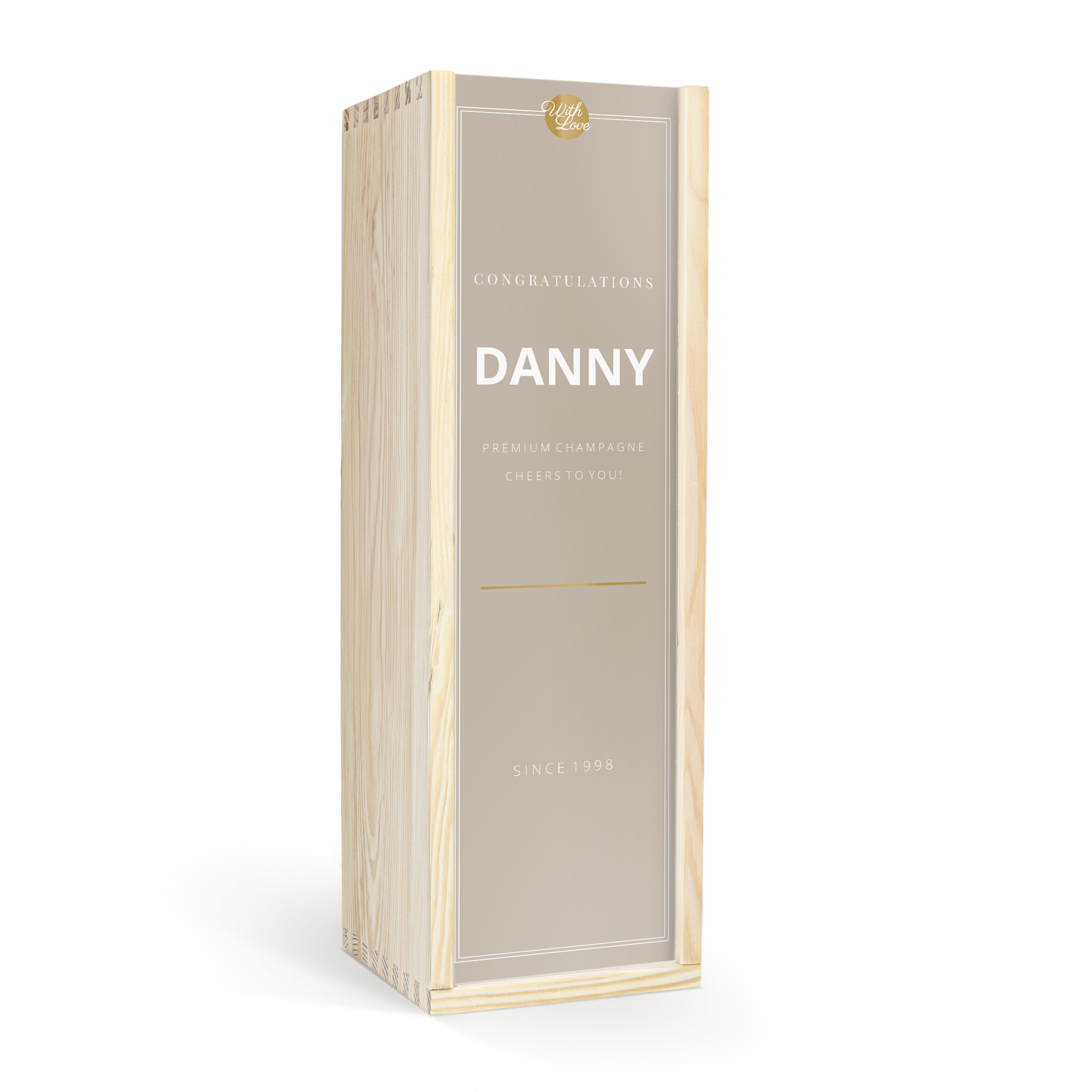 Cassetta in legno chiara con incisione "Congratulations Danny" e "Since 1998", personalizzata per contenere una bottiglia