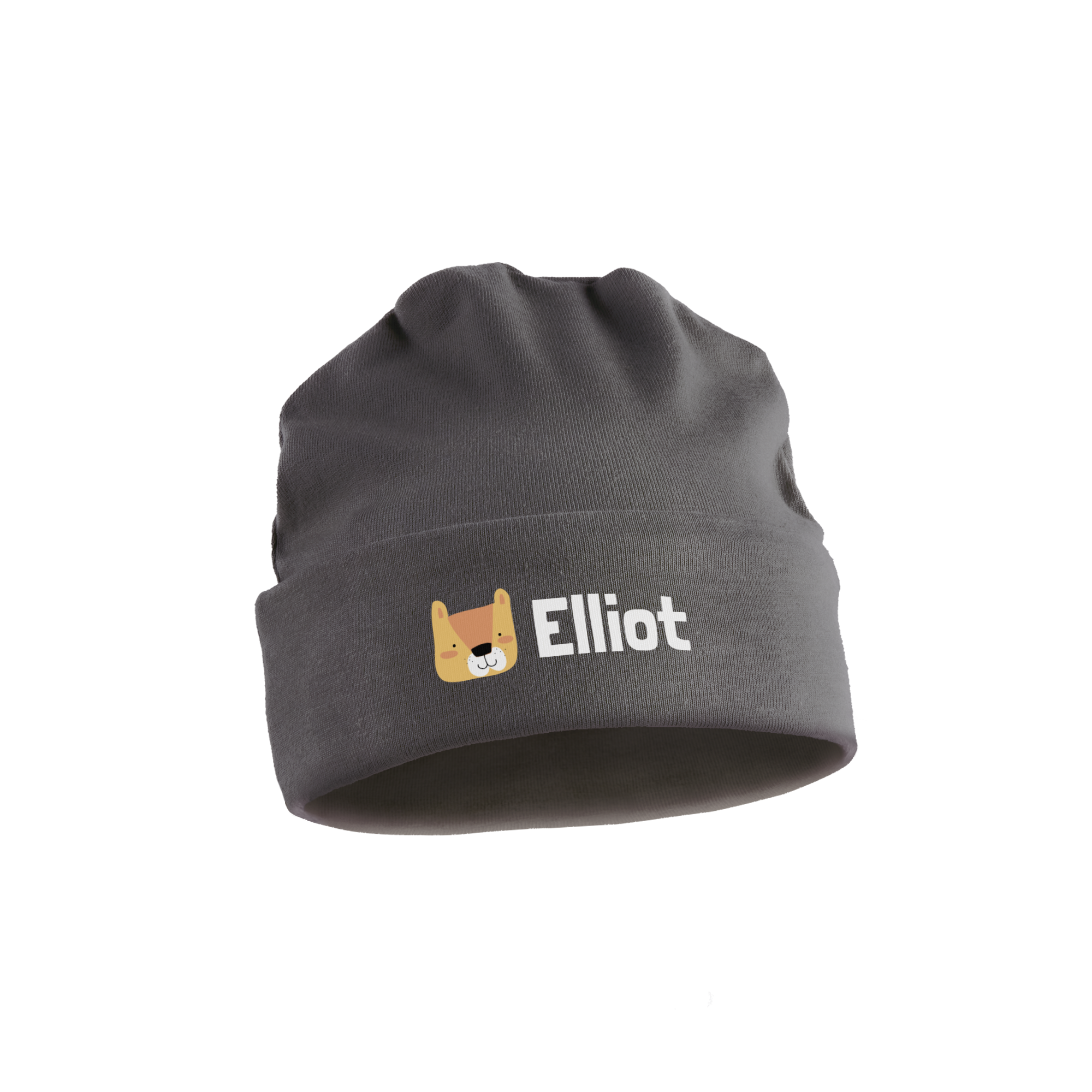 Dark gray baby hat printed with a cute dog and the name Elliot. A cute printed baby hat.