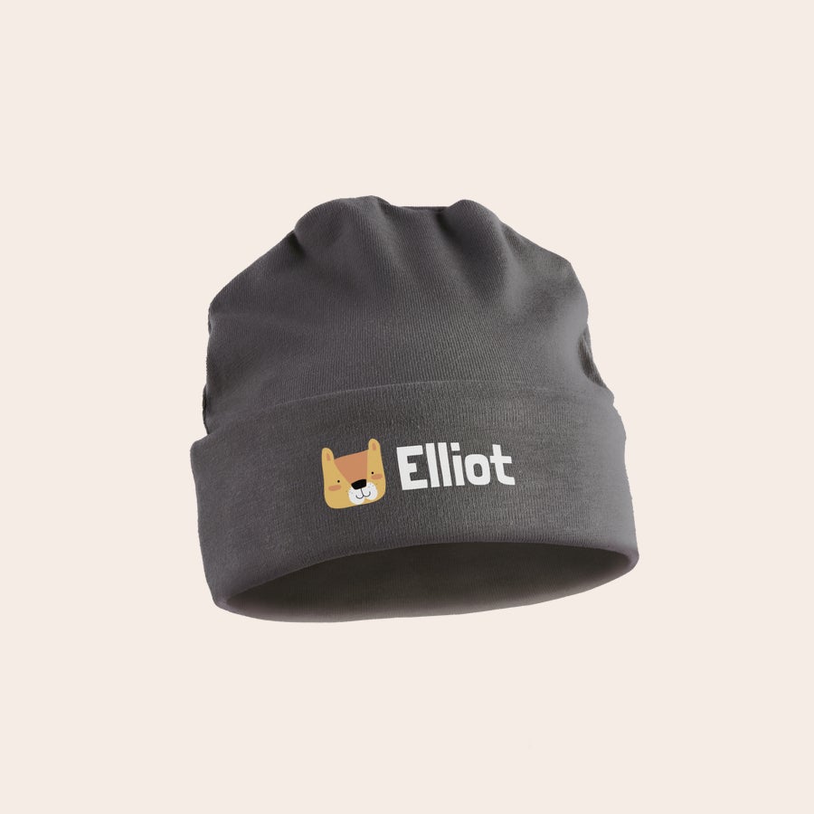 Berretto da Neonato Cappello da neonato grigio personalizzato stampato con un musetto da cucciolo e il nome Elliot