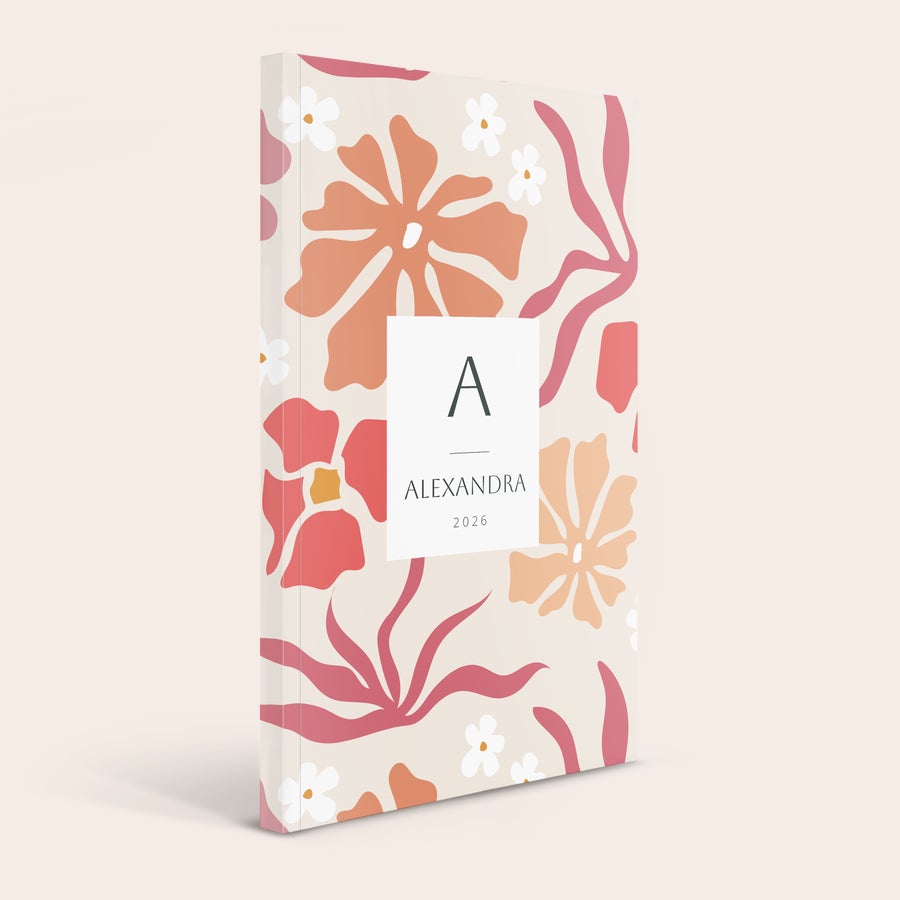 Taschenkalender selbst gestalten 2026 Terminplaner selbst gestalten mit Blumenmuster in Rosa und Beige, gedruckt mit dem Namen Alexandra und Jahr 2026