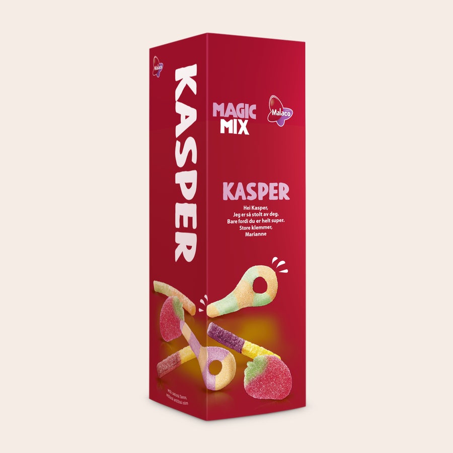 Personlig gaveeske med søtsaker fra Red Band Rød personlig gaveeske med Malaco Magic Mix godteri, trykt med navn "Kasper" og en melding fra "Marianne"