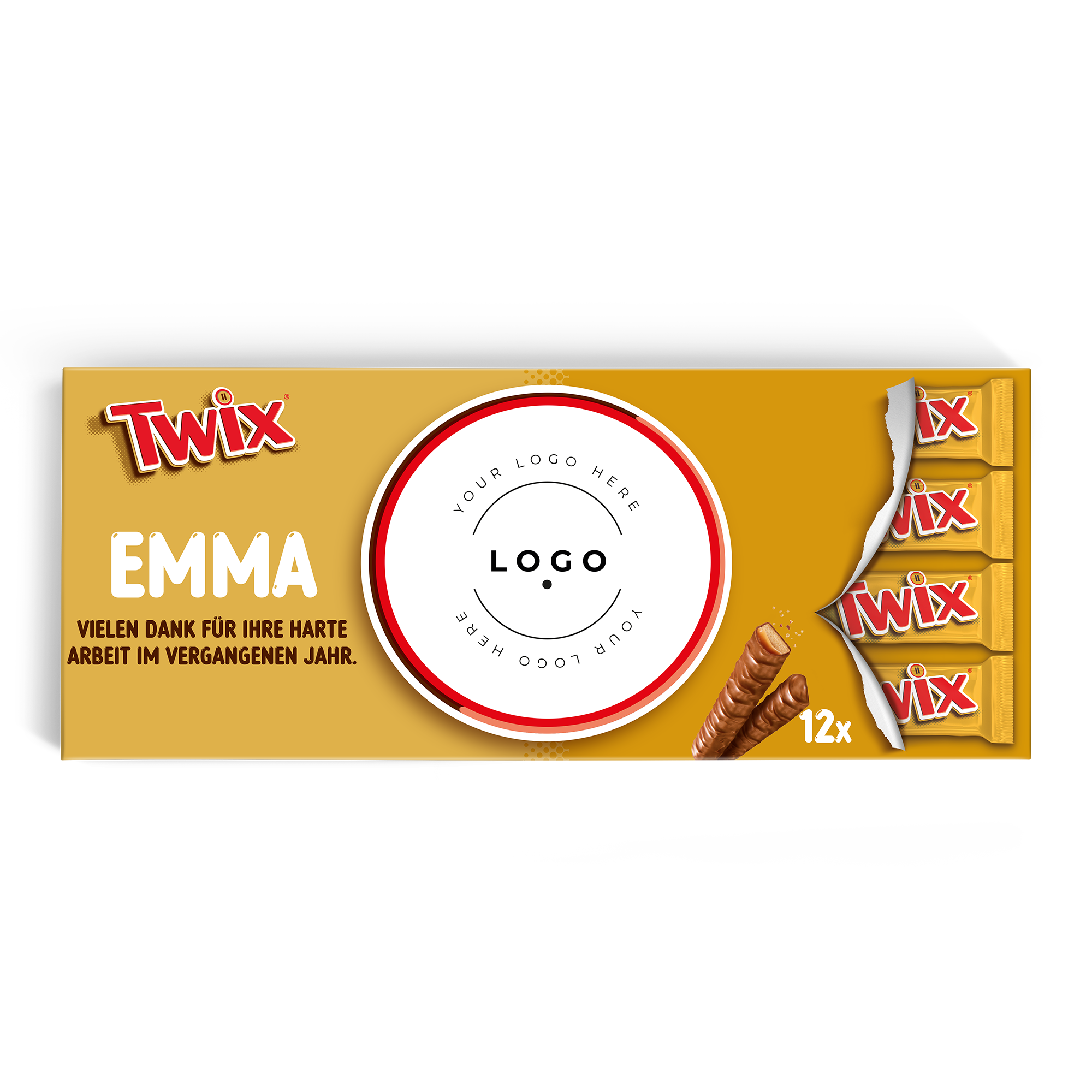 Ein Mega Twix Riegel mit Logo, personalisiert mit dem Namen EMMA und dem Text VIELEN DANK FÜR IHRE HARTE ARBEIT IM VERGANGENEN JAHR, daneben 12 Twix Riegel. Mega Twix Riegel mit Name und Foto personalisieren.