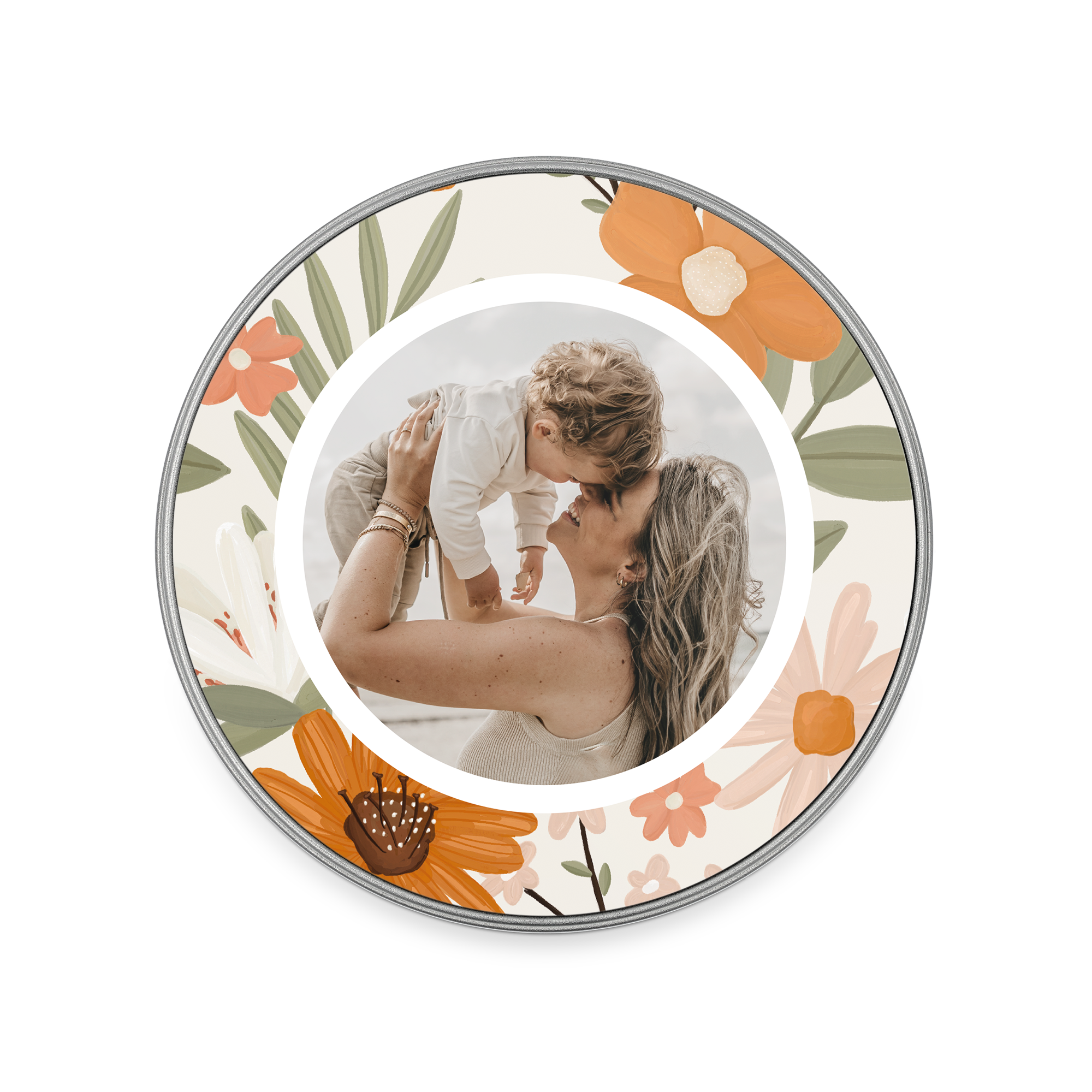 Lata de regalo de Oreo personalizada con una foto de madre e hijo, impresa con un diseño floral.
