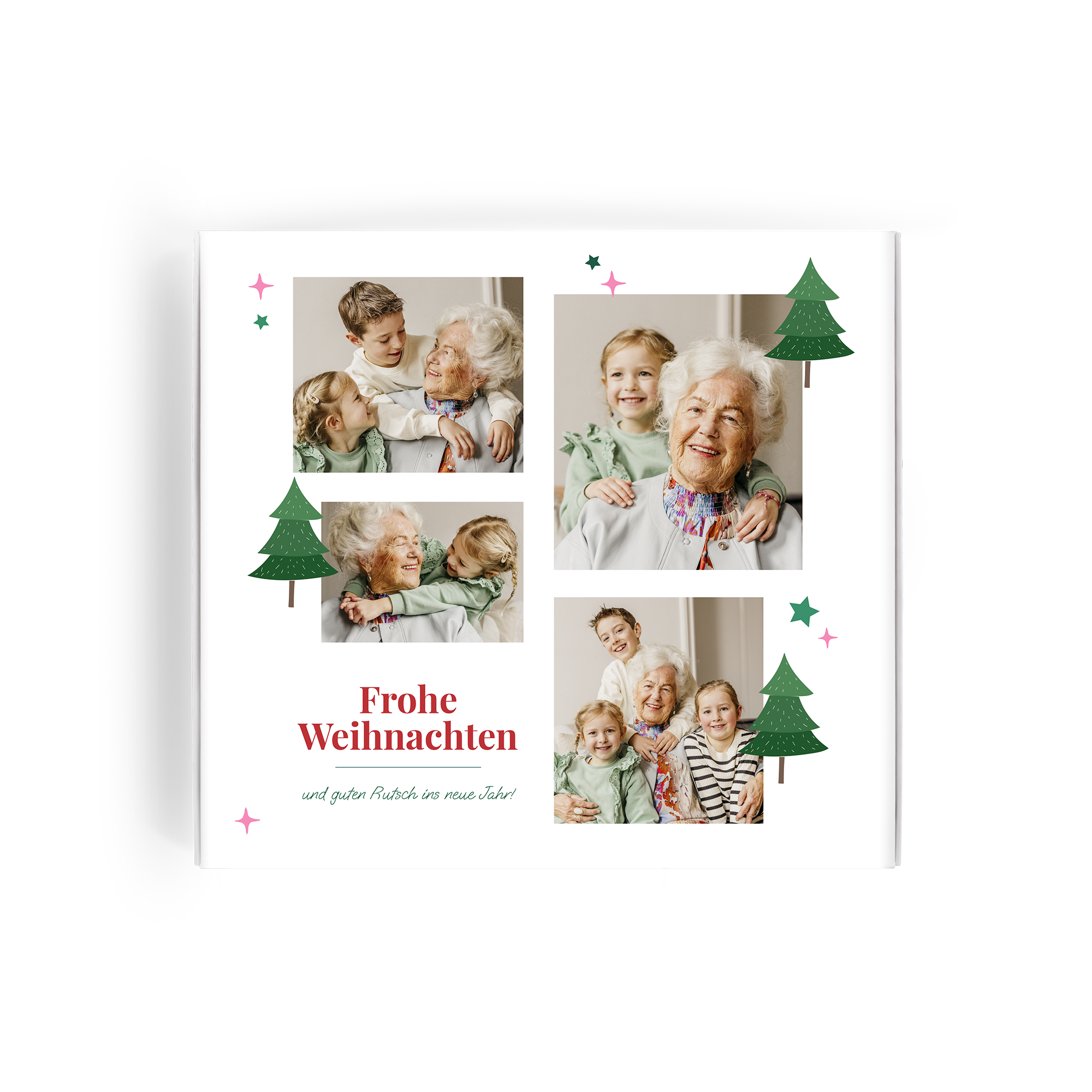Personalisierte Milka Geschenkbox zu Weihnachten mit vier Fotos und Text "Frohe Weihnachten und guten Rutsch ins neue Jahr", bedruckt
