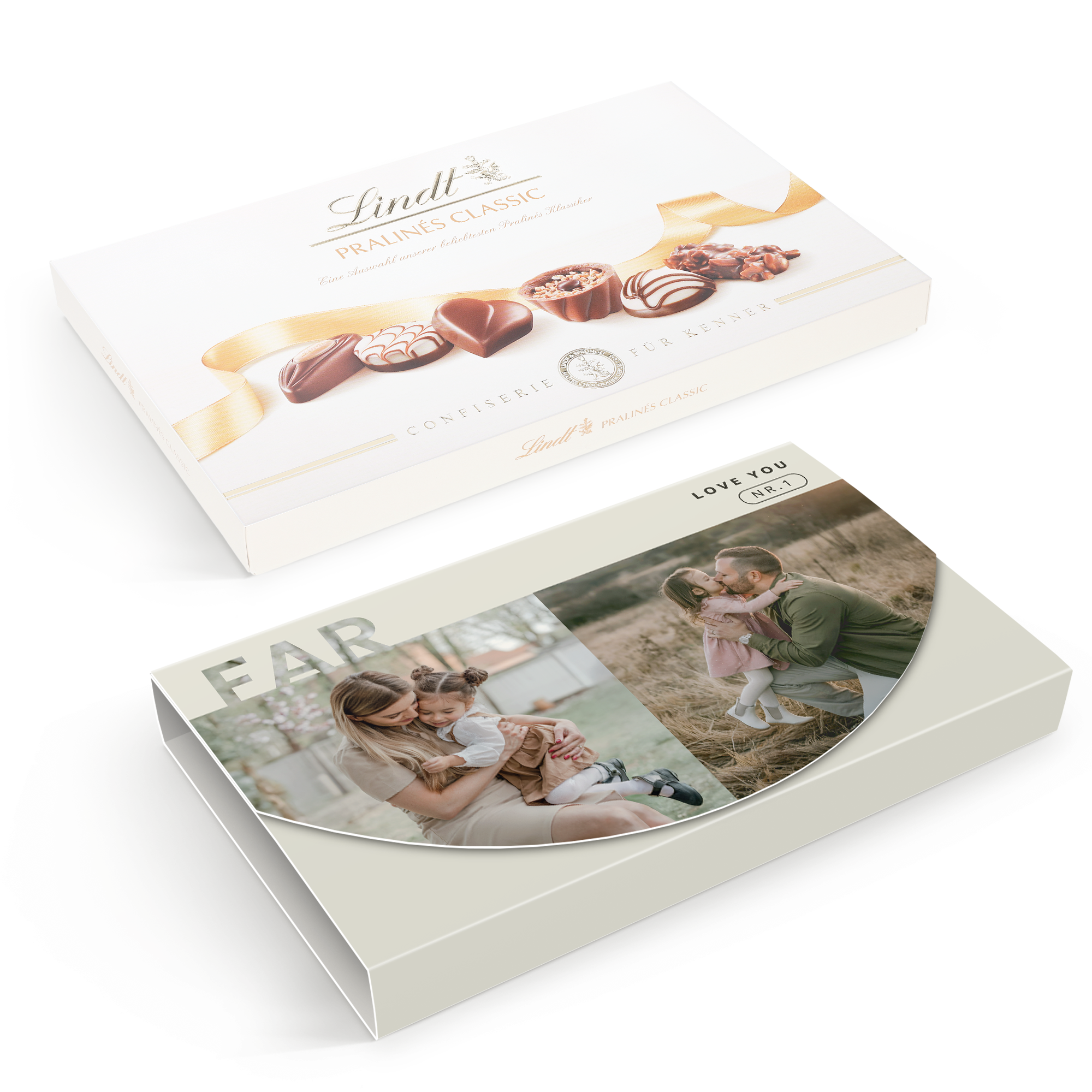 Personlig chokoladeæske med klassiske praliner. Trykt foto af familie og teksten "FAR" og "LOVE YOU NR.1".