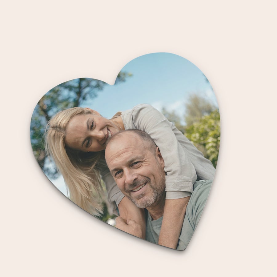 Coasters Heart-shaped personalised coaster printed with a photo of a smiling man and woman