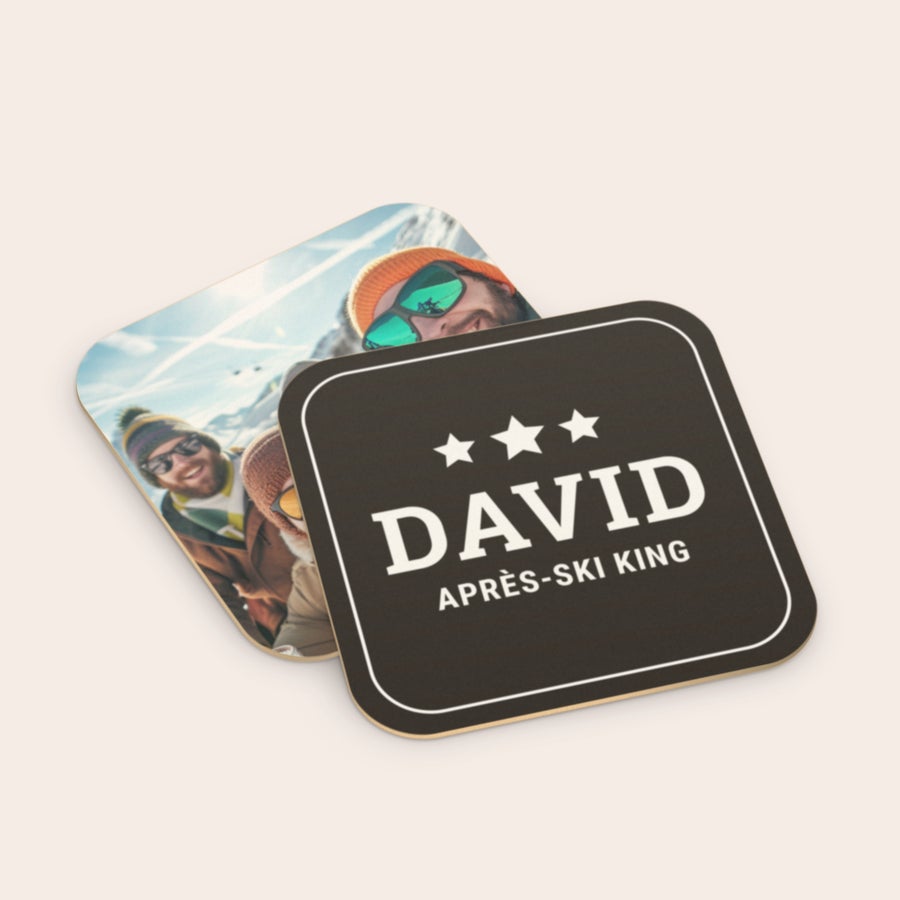 Suporturi de bere personalizate Suporturi de bere personalizate cu fotografie și textul DAVID APRÈS-SKI KING imprimate
