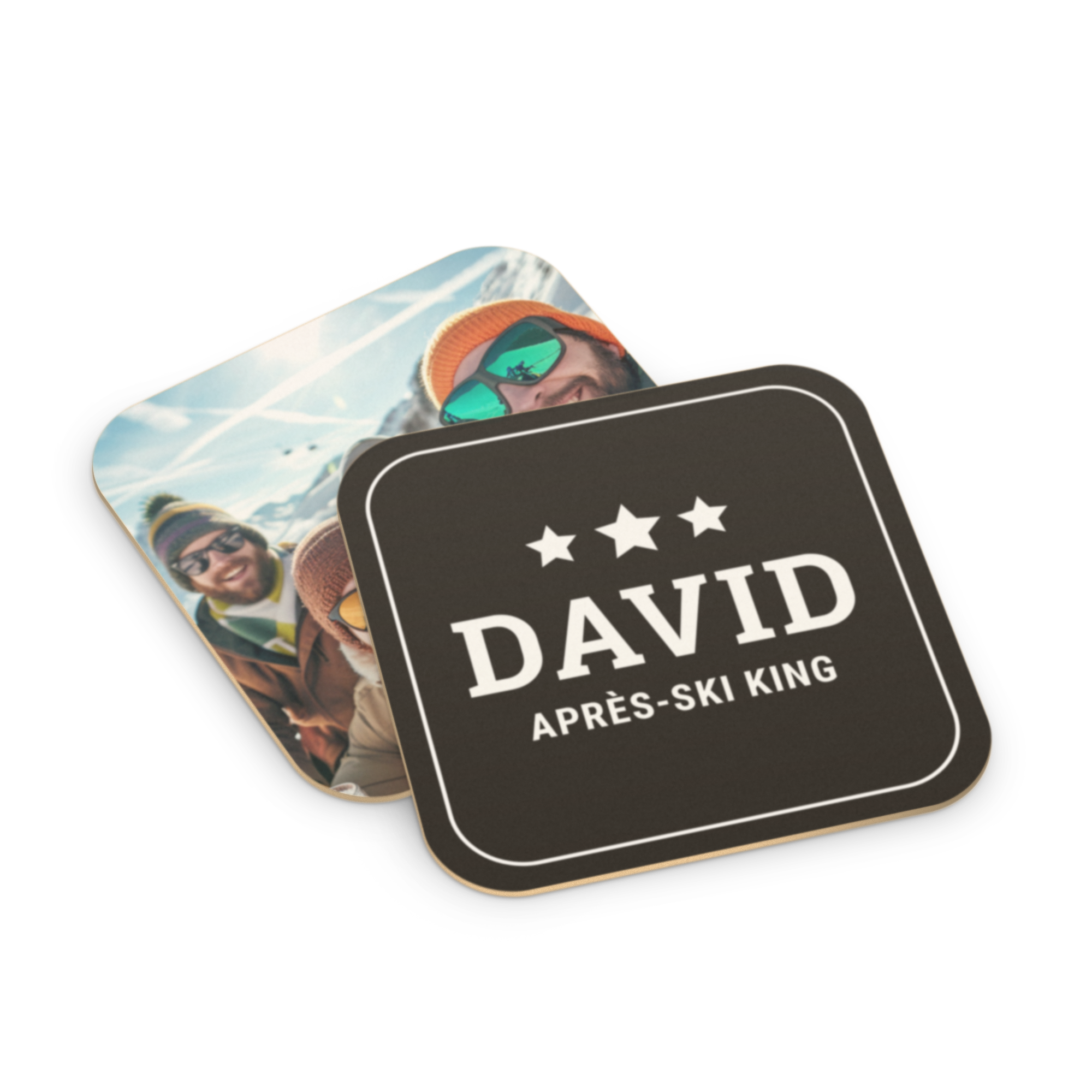 Komplet personaliziranih podstavkov za pivo s fotografijo in imenom David Apres-Ski King