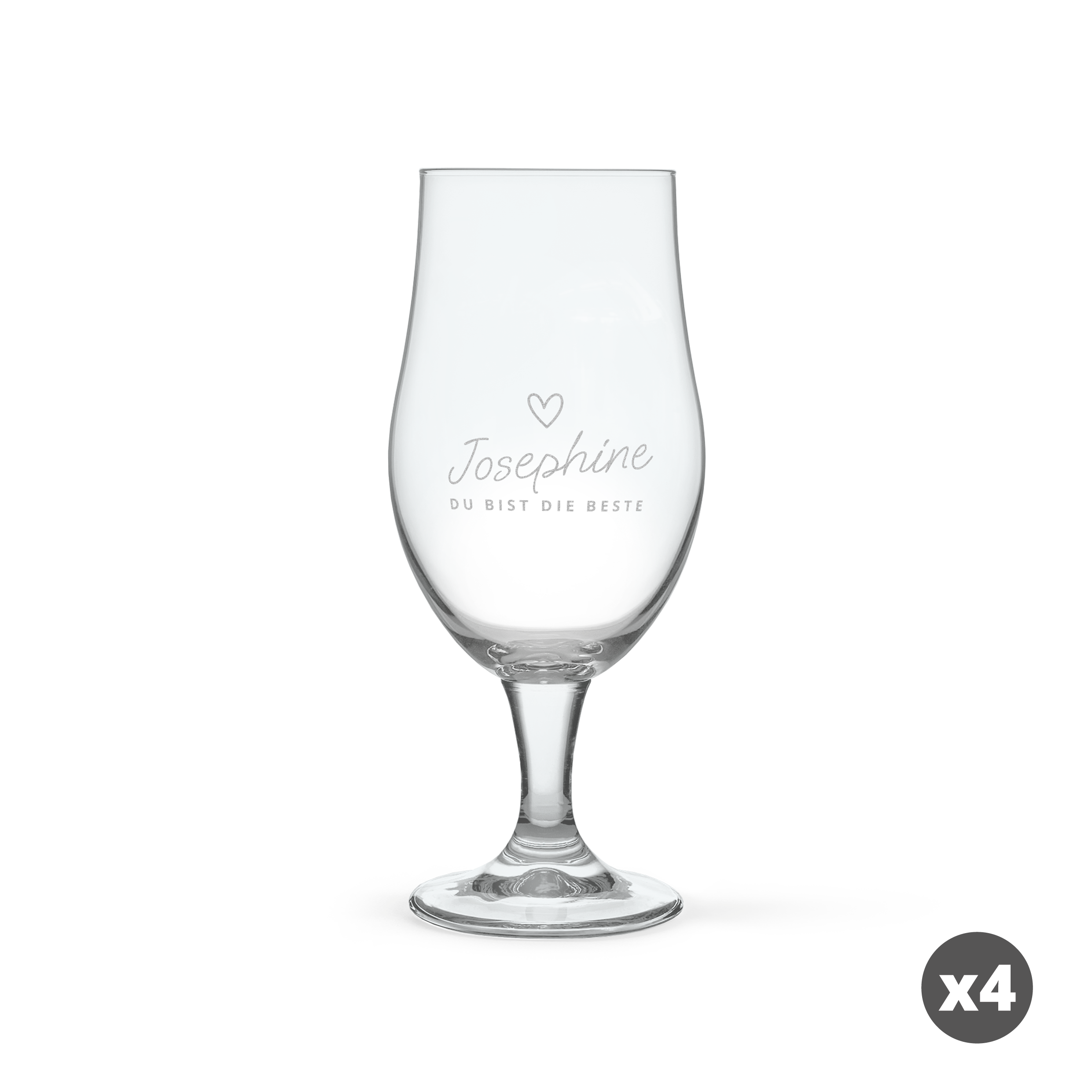 Dunkelblaues personalisiertes Bierglas mit Namen "Josephine" und Text "DU BIST DIE BESTE" graviert, daneben ein kleines Herz.