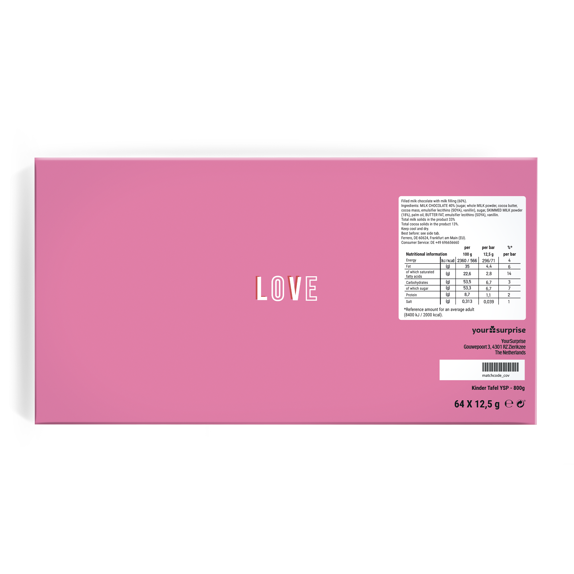 Caja de bombones Kinder personalizada rosa con la palabra "LOVE" impresa, una gran sorpresa de 64 barras.