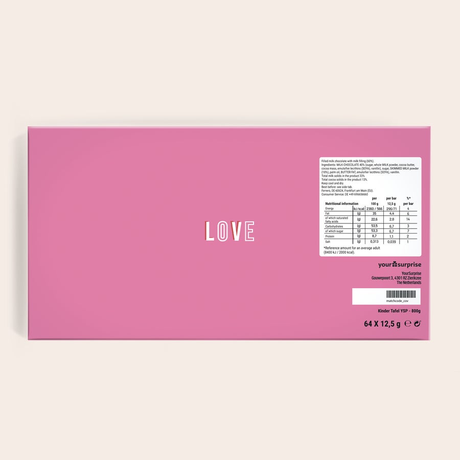 Chocolate kinder personalizado Caja de bombones Kinder personalizada rosa con la palabra "LOVE" impresa, una gran sorpresa de 64 barras.