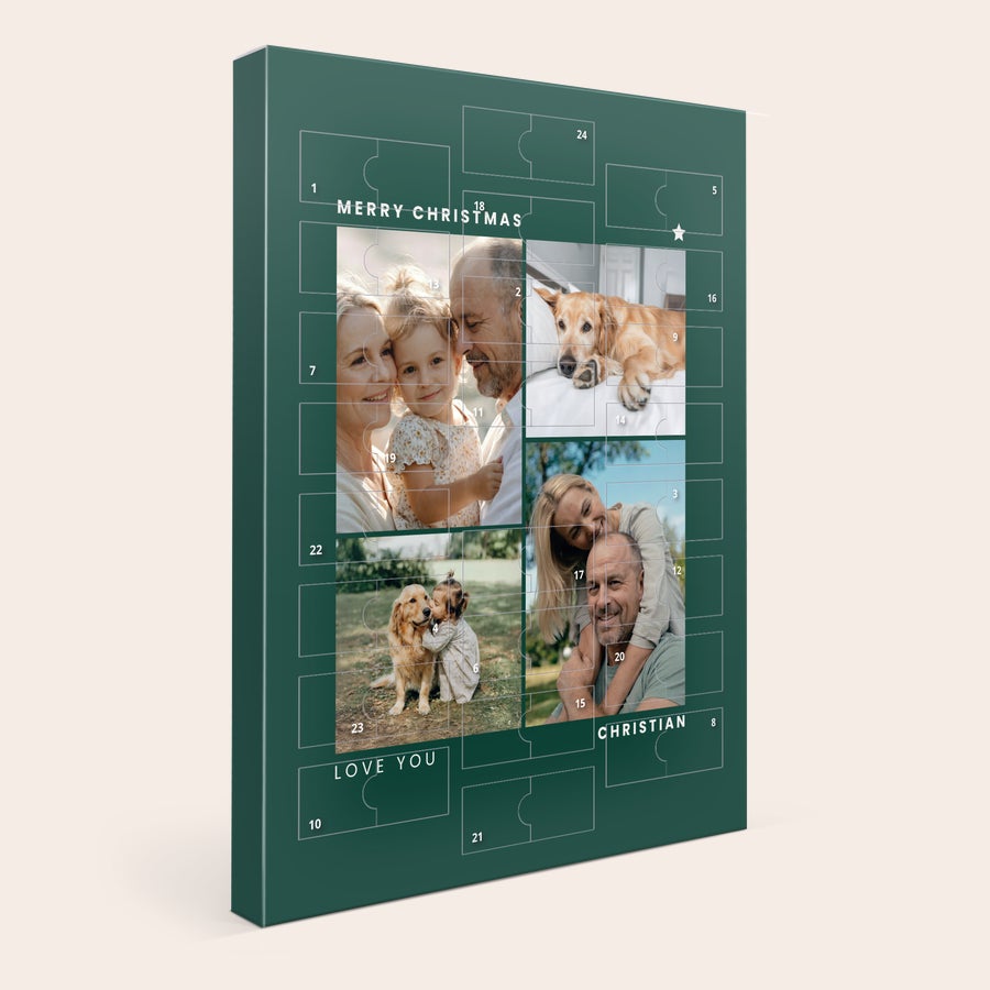 Calendar de Advent - Toblerone 2025 Calendar personalizat de advent, verde, tipărit cu fotografii de familie și textul Merry Christmas și Christian, perfect pentru numărătoarea inversă până la Crăciun.