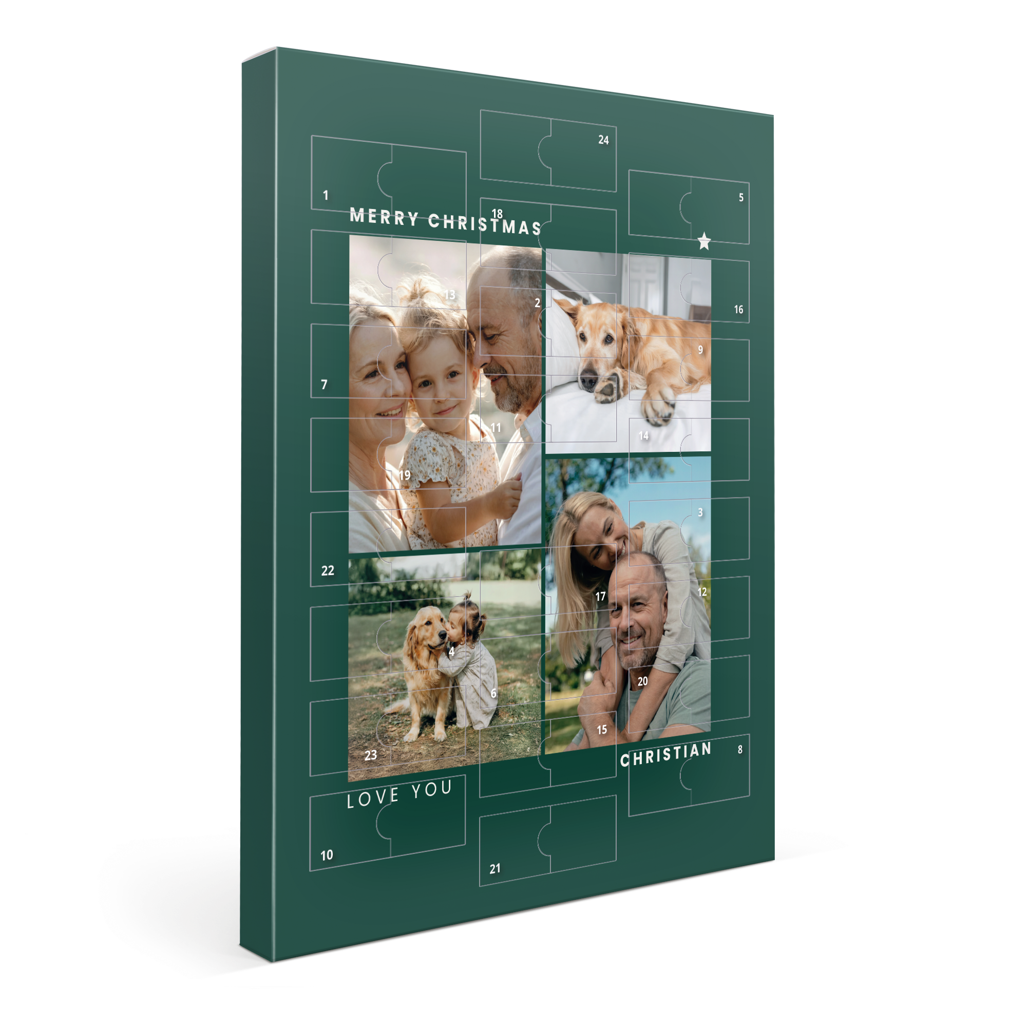 Calendario dell'avvento personalizzato verde scuro stampato con foto, nomi "Christian", "Merry Christmas" e "Love You", per il conto alla rovescia per Natale
