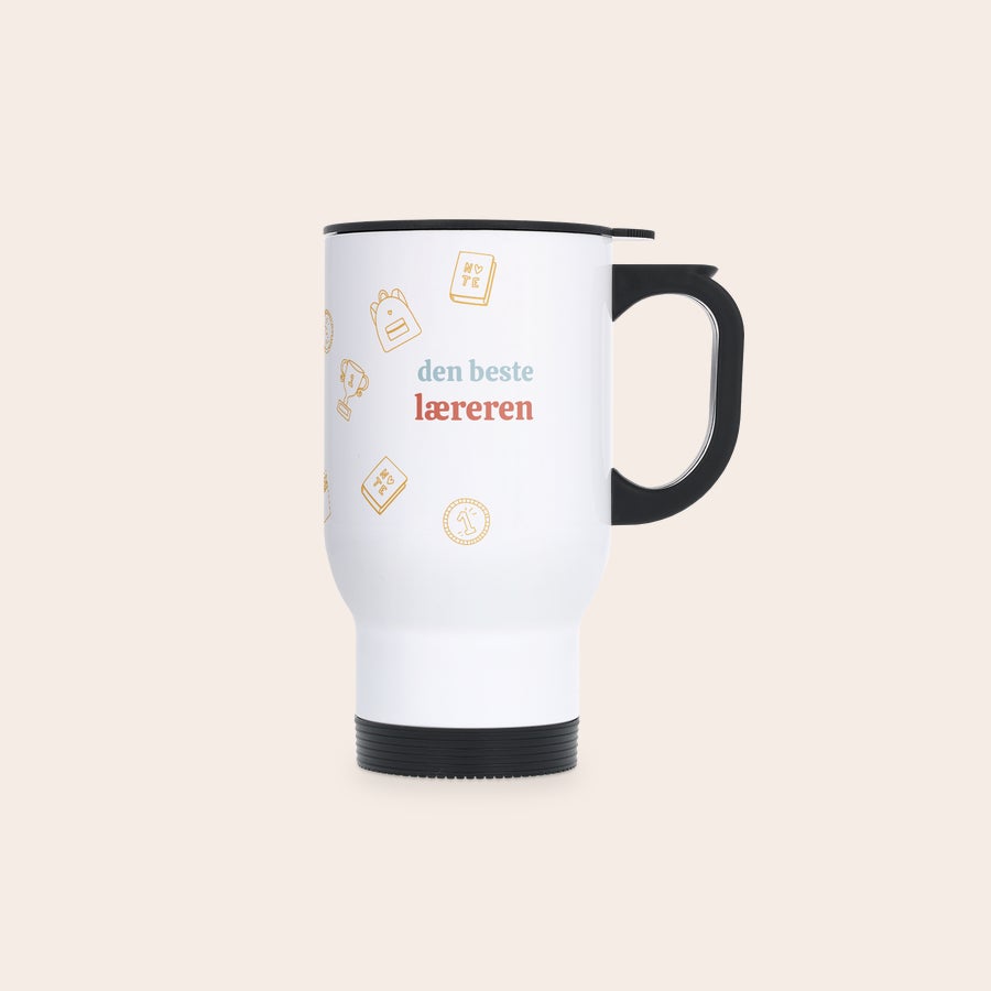 Termos krus Personlig termokrus i hvitt med svart håndtak, trykt tekst den beste læreren og skolemønster for å forvandle enhver daglig drink med en tilpasset touch.