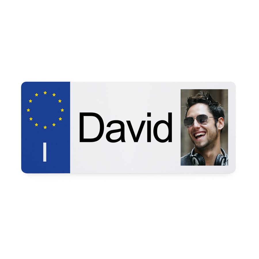 Henkilökohtainen numerokilpi omalla nimellä David ja miehen valokuvalla, painettu lahjaksi