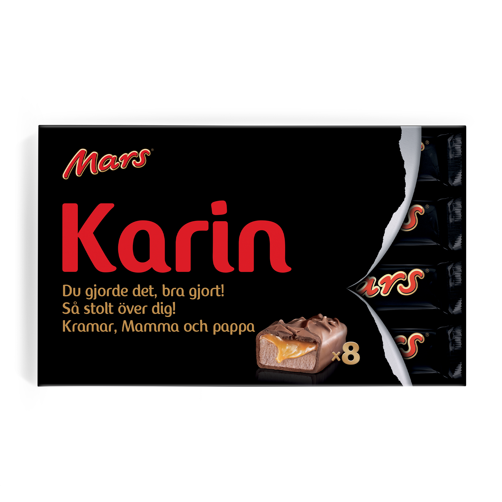 Mars personliga presentboxar med namnet Karin och meddelandet Du gjorde det, bra gjort! Så stolt över dig! Kramar, Mamma och pappa tryckt i vitt på svart bakgrund