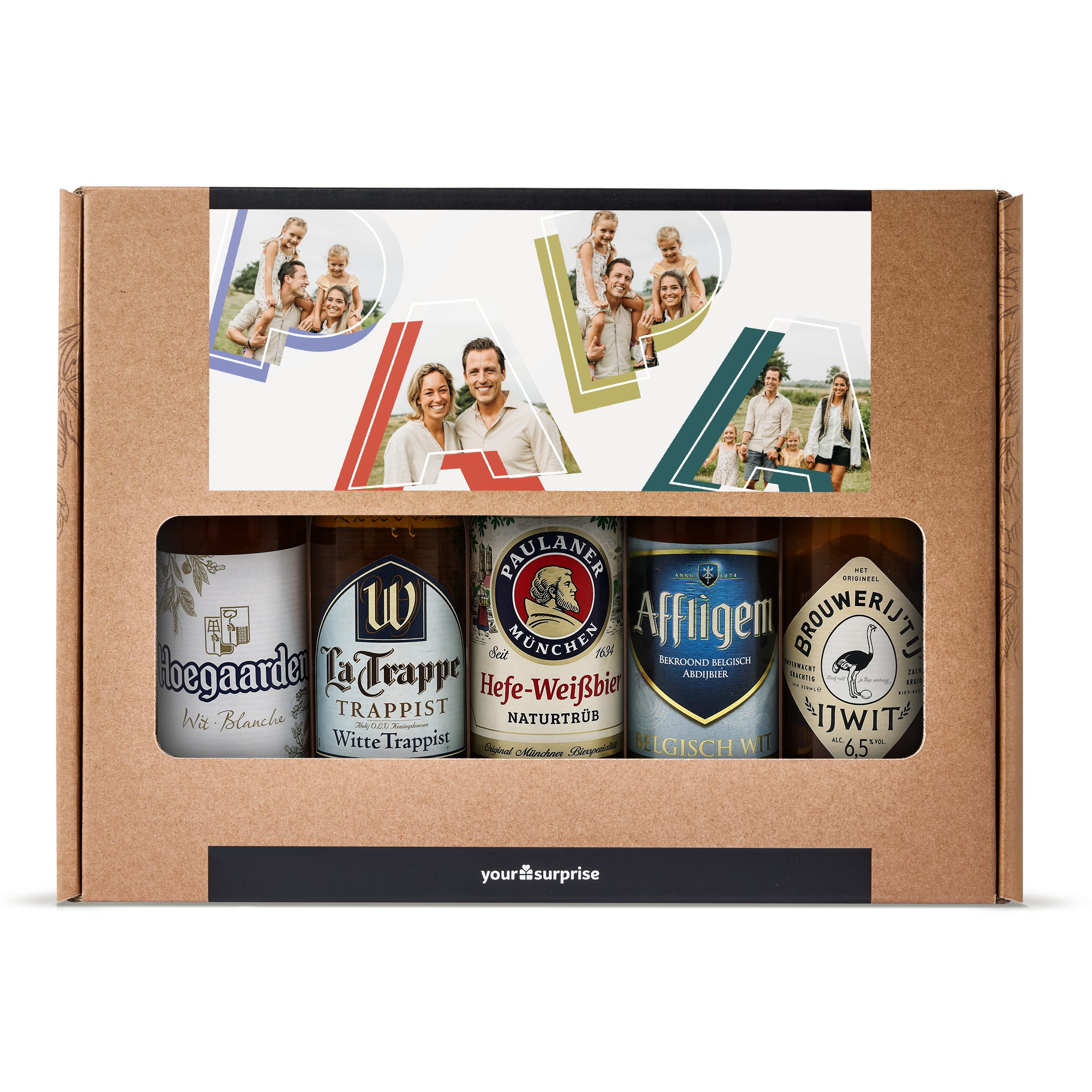 Coffret cadeau de bières personnalisées avec des photos imprimées pour le prénom Papa