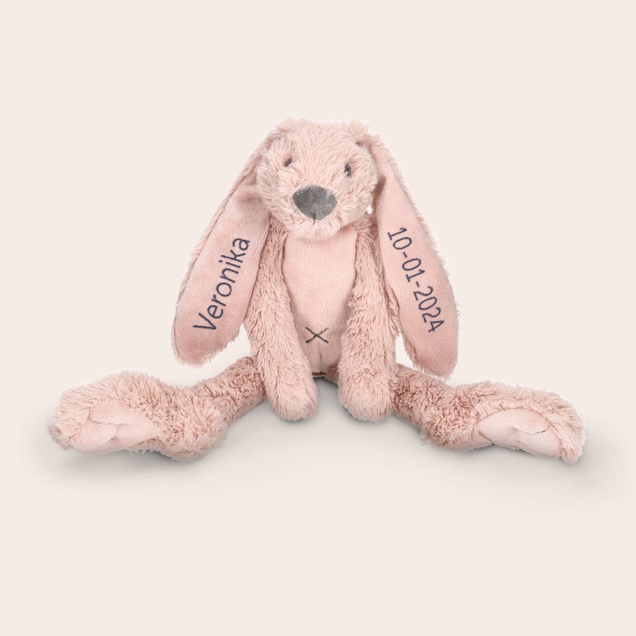 Personalisiertes Kuscheltier - Happy Horse Niedliches rosa Kuschelkaninchen mit Name Veronika und Datum 10-01-2024 auf den Ohren bestickt