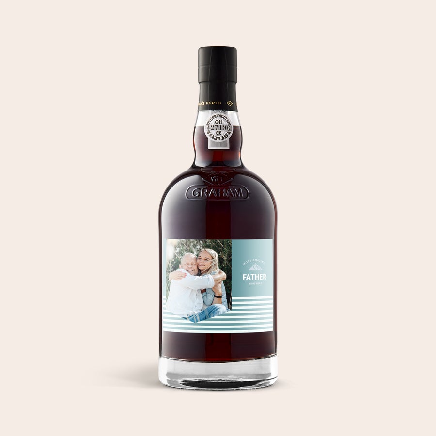 Personalizowane porto Graham's 10 Years Cask Matured Butelka porto Graham 10-letnie Tawny ze spersonalizowaną etykietą fotograficzną z napisem Most Amazing Father in the World