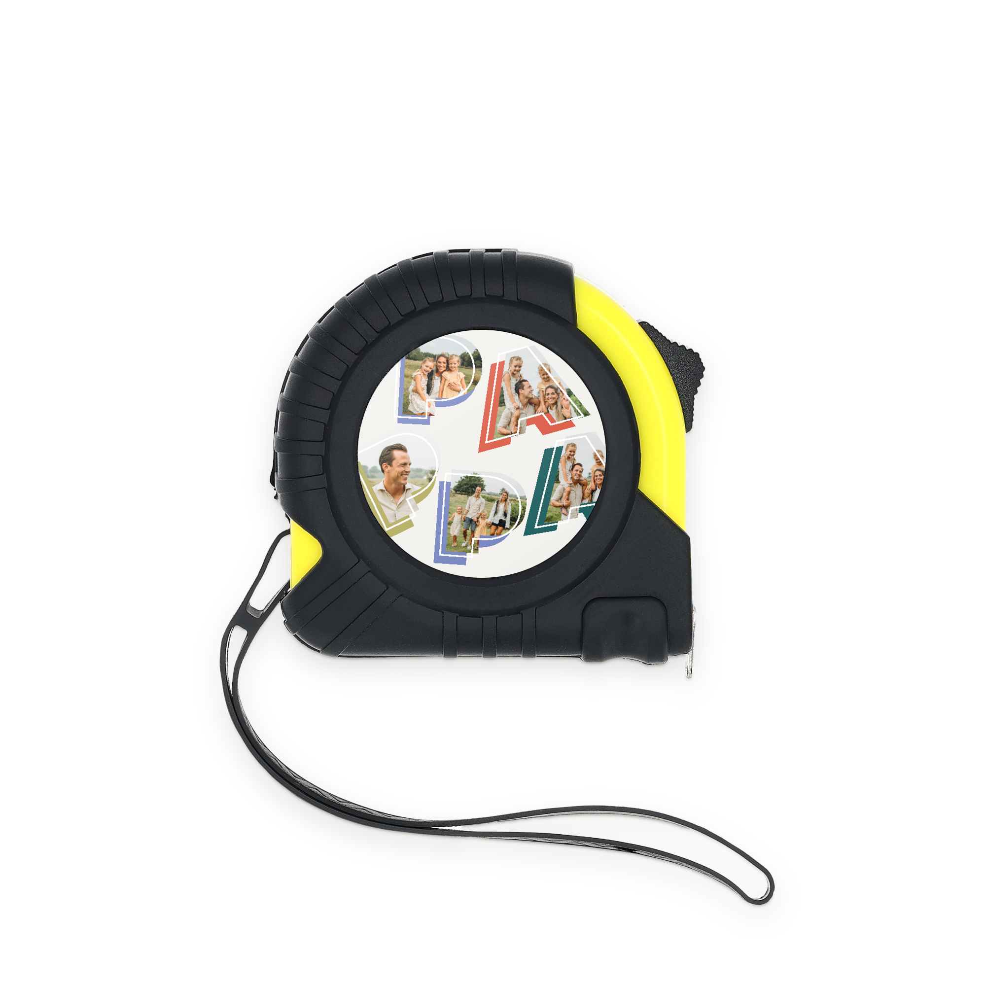 Svart och gult måttband med personaliserat fototryck och texten "PAPA", perfekt att anpassa en gång.