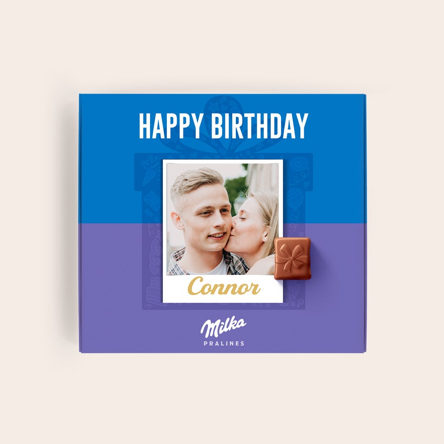 Milka Pralinky Narodeniny Milka darčeková krabička, personalizovaná s fotografiou, menom Connor a nápisom Happy Birthday
