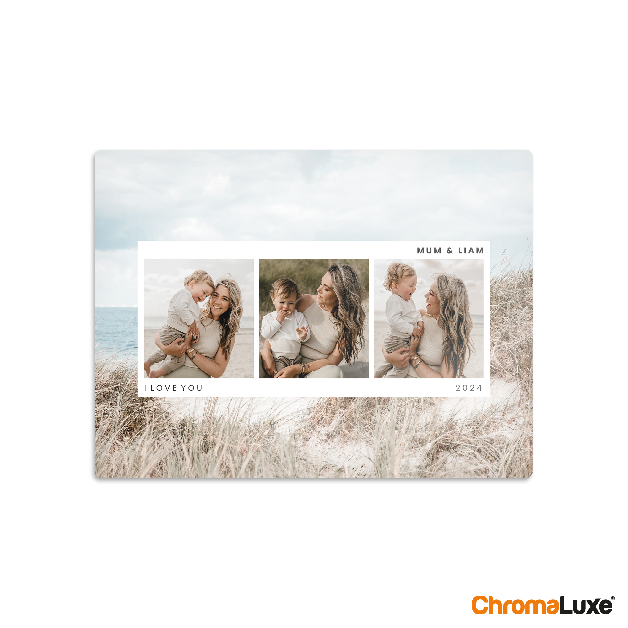 Chromaluxe aluminium photo print with three custom photos of a mum and child, personalized with MUM & LIAM, I LOVE YOU, and 2024 text.