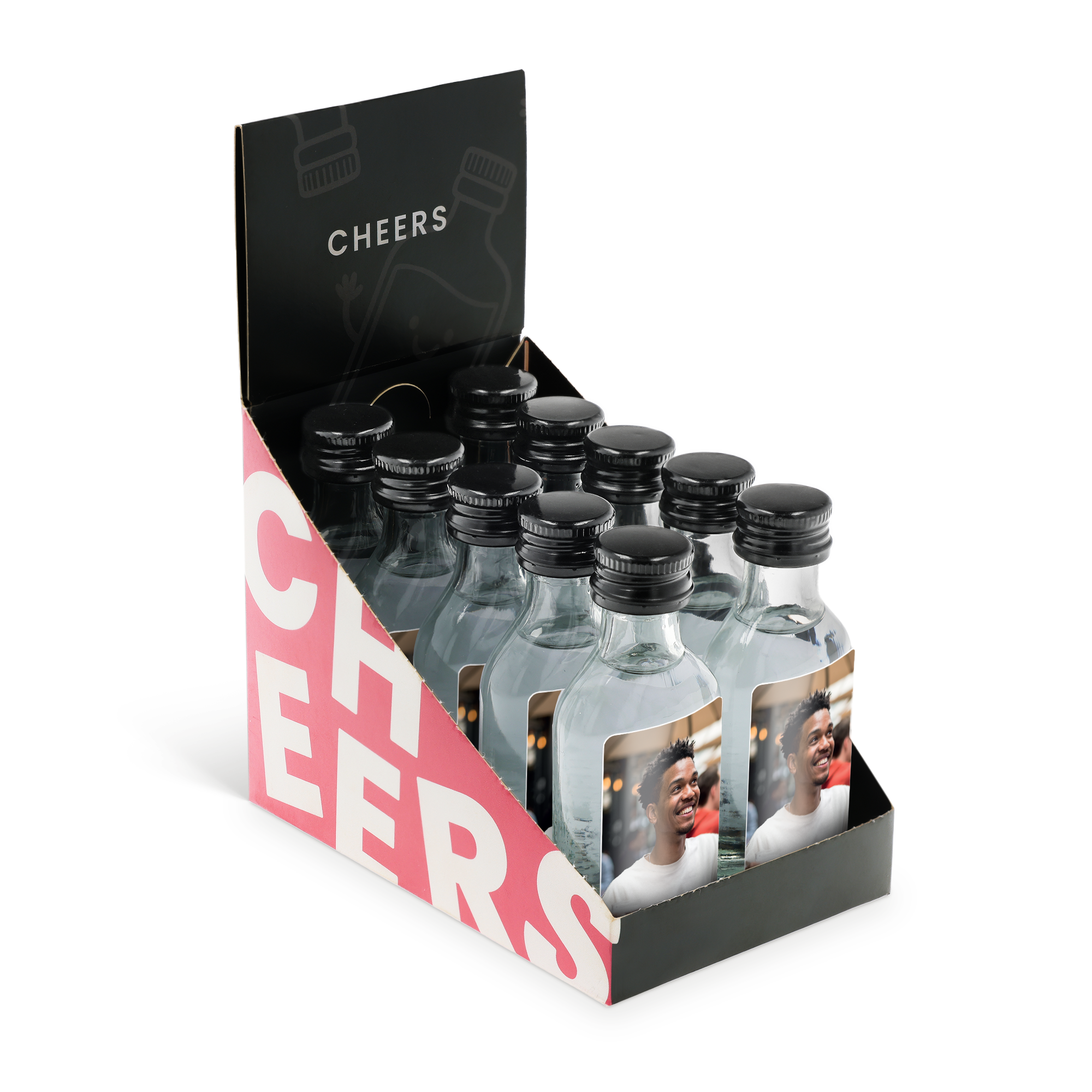 Gestalte dein eigenes einzigartiges Mini-Vodka-Set, zehn 20ml Flaschen mit gedrucktem Foto eines lächelnden Mannes