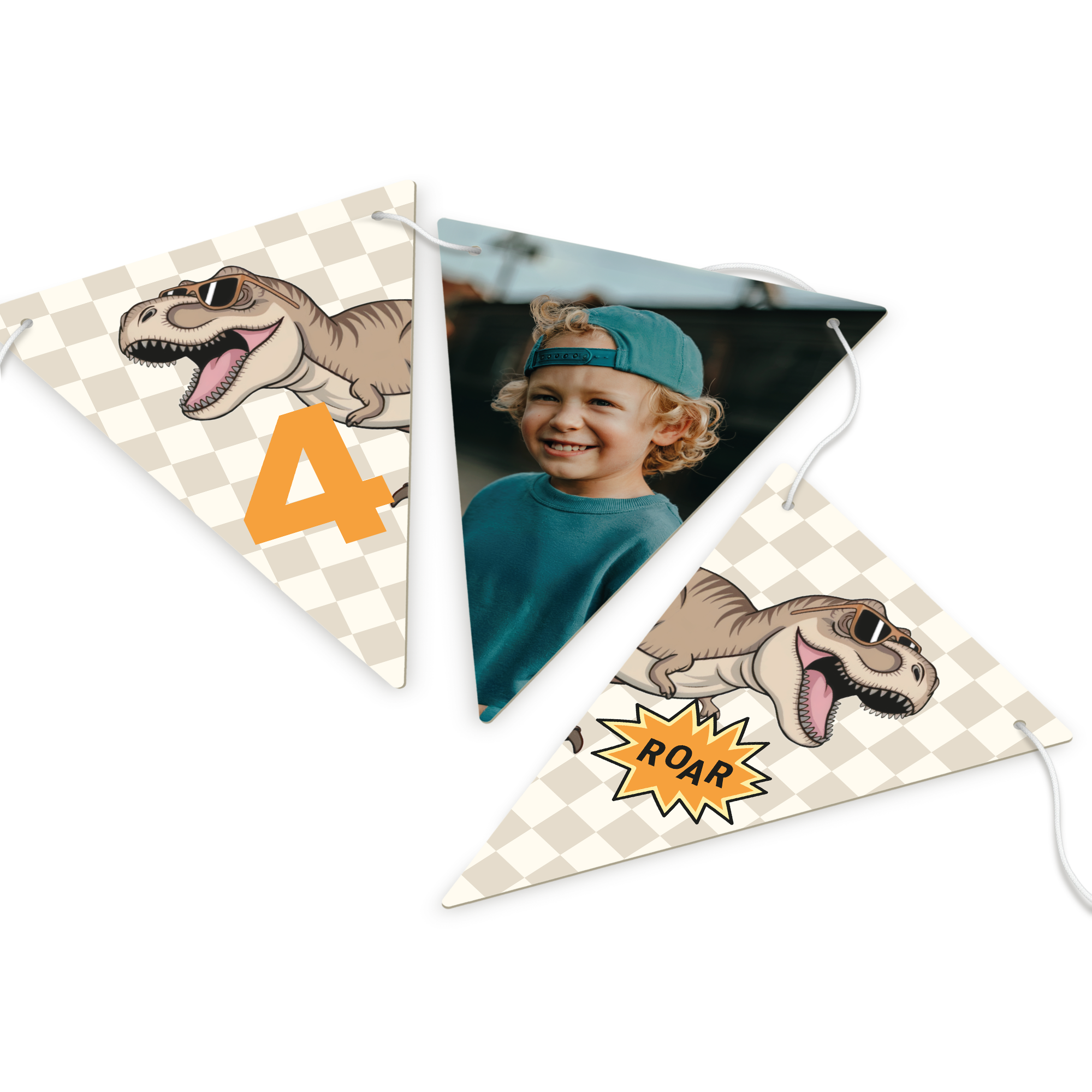Personalised garland - Triangle - L - 10m with custom photo print and number 4 for a birthday party