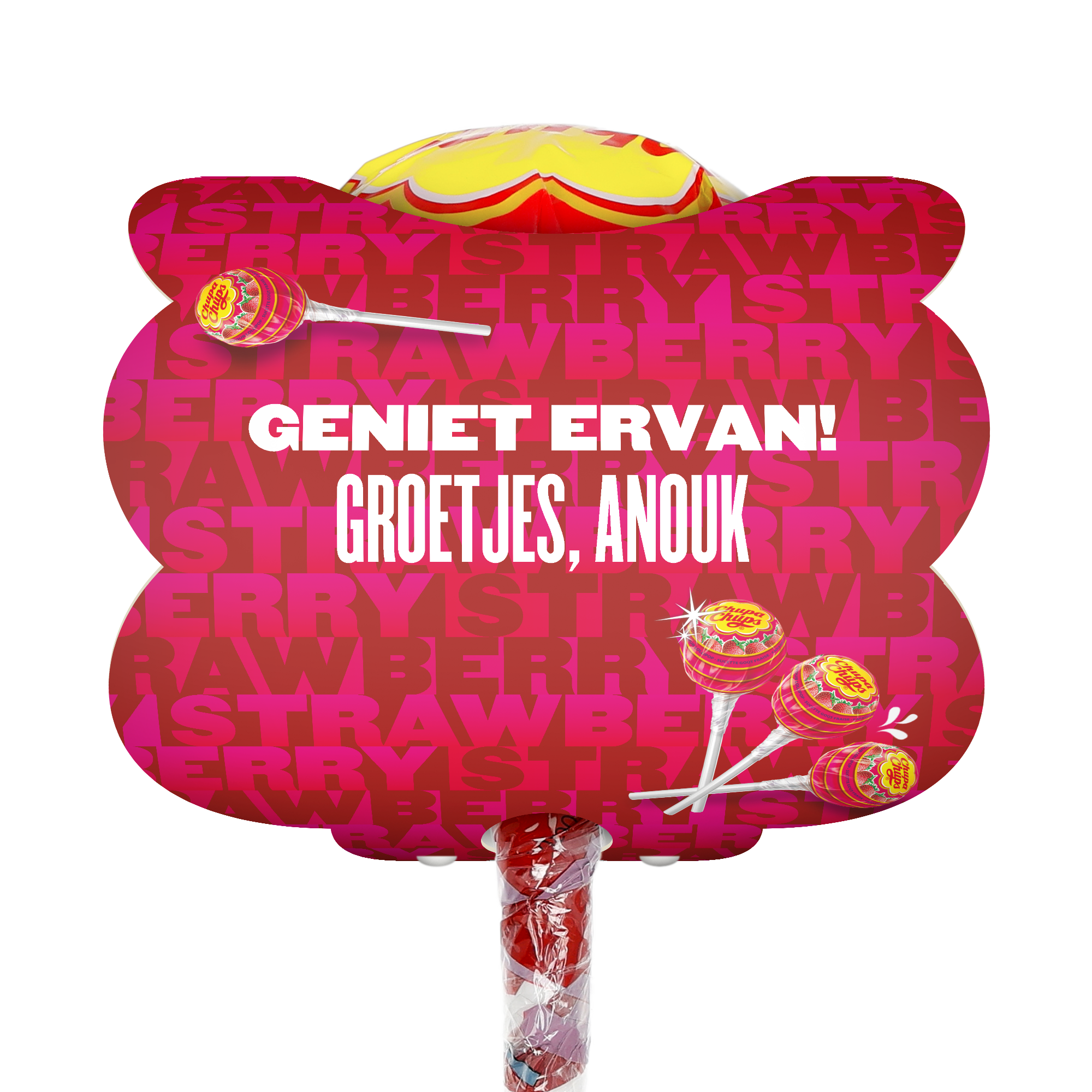 Gepersonaliseerde Mega Chupa Chups aardbei met 20 lollys en de tekst 'GENIET ERVAN! GROETJES, ANOUK' geprint op de verpakking.
