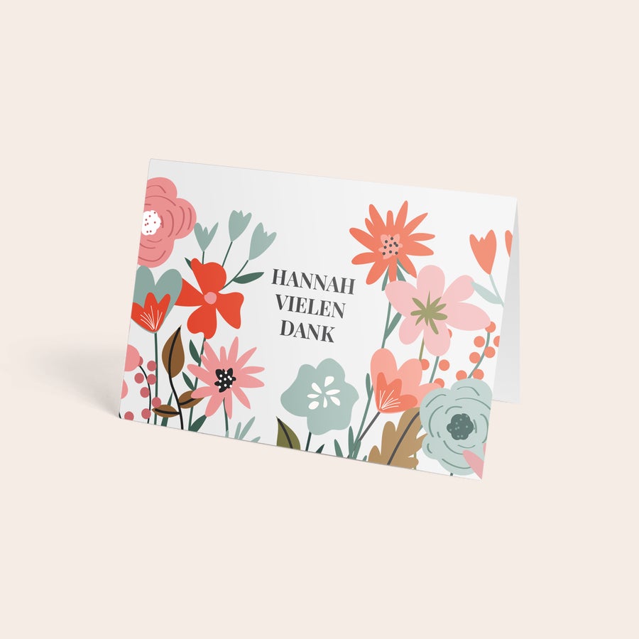 Briefkastenrosen Personalisierte Karte für Briefkastenblumen mit buntem Blumenmuster und Text "HANNAH VIELEN DANK" gedruckt