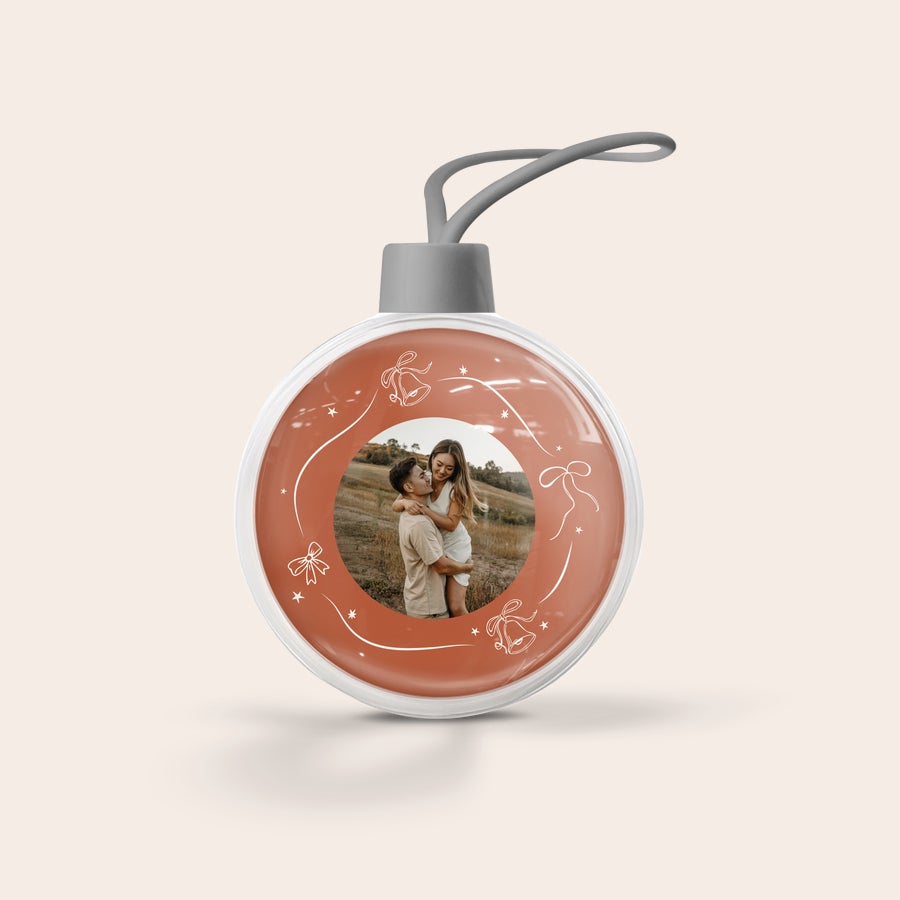 Personalised Christmas Baubles Personalized Christmas bauble printed with a photo of a couple and Christmas bells