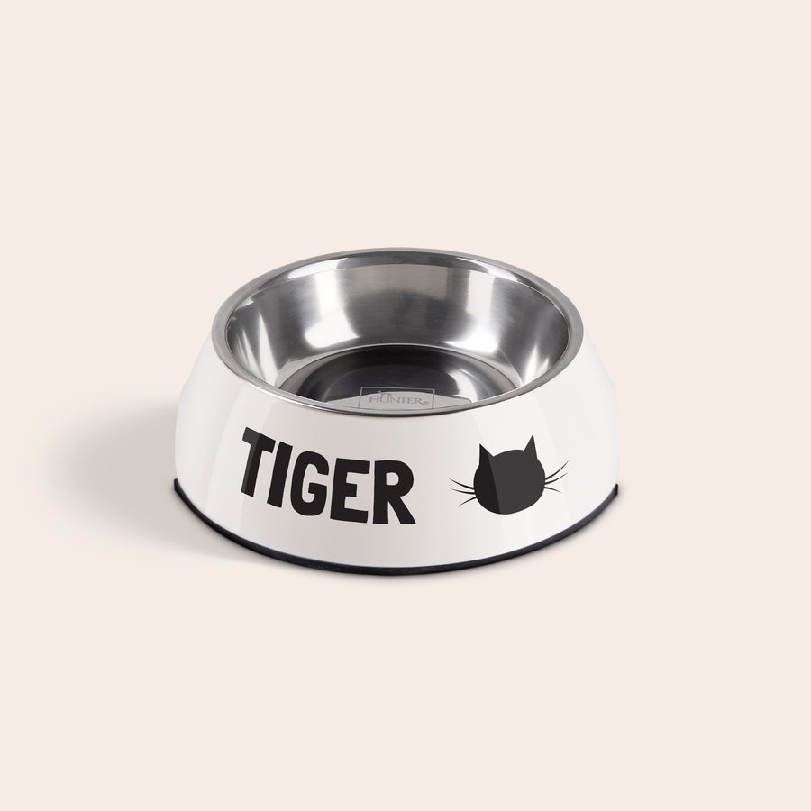 Personalizowana miska dla kota Biała miska na karmę dla kota z imieniem Tiger i nadrukowanym wizerunkiem kota
