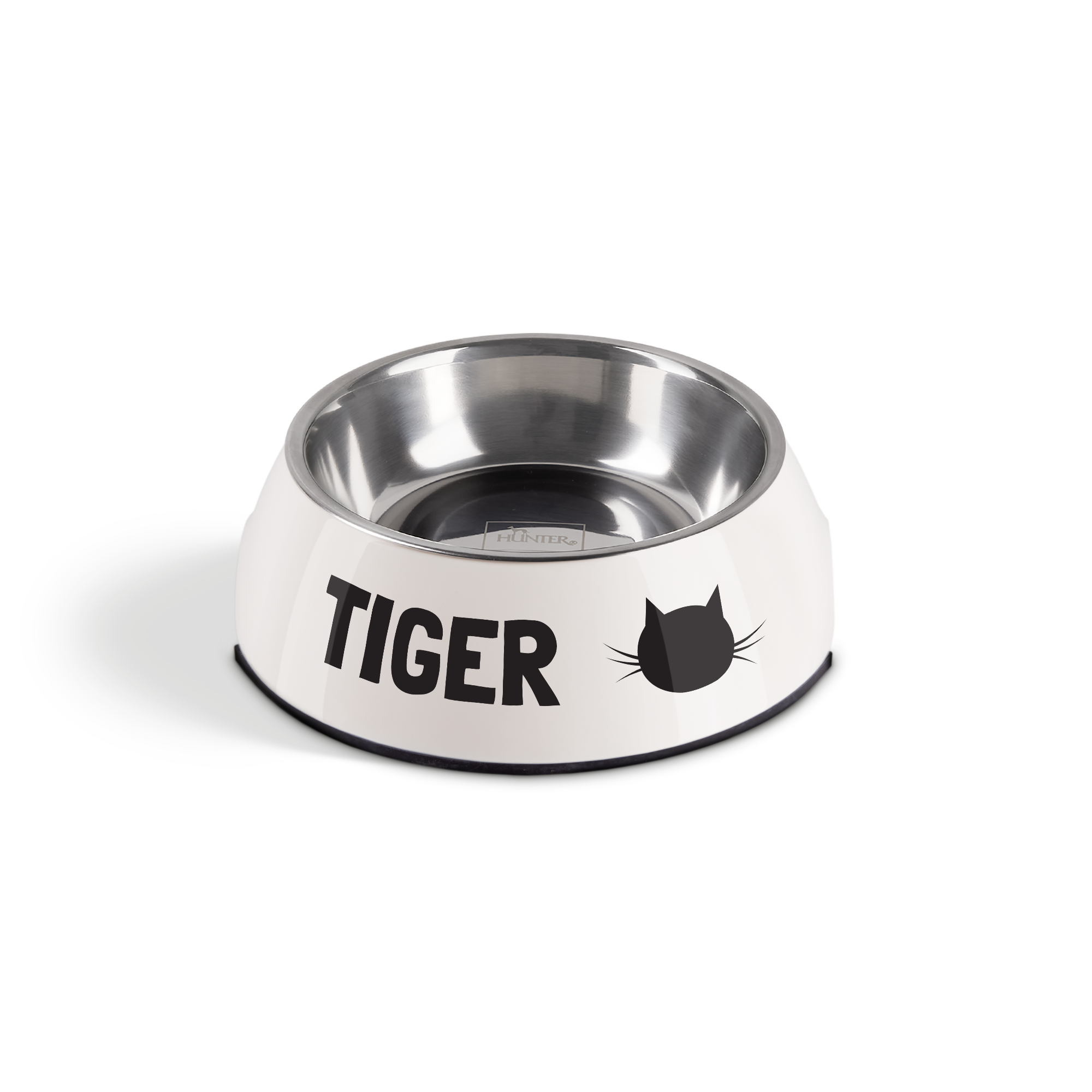 Hvid kattefoderskål i melamin og rustfrit stål, designet med navnet Tiger og katteansigt