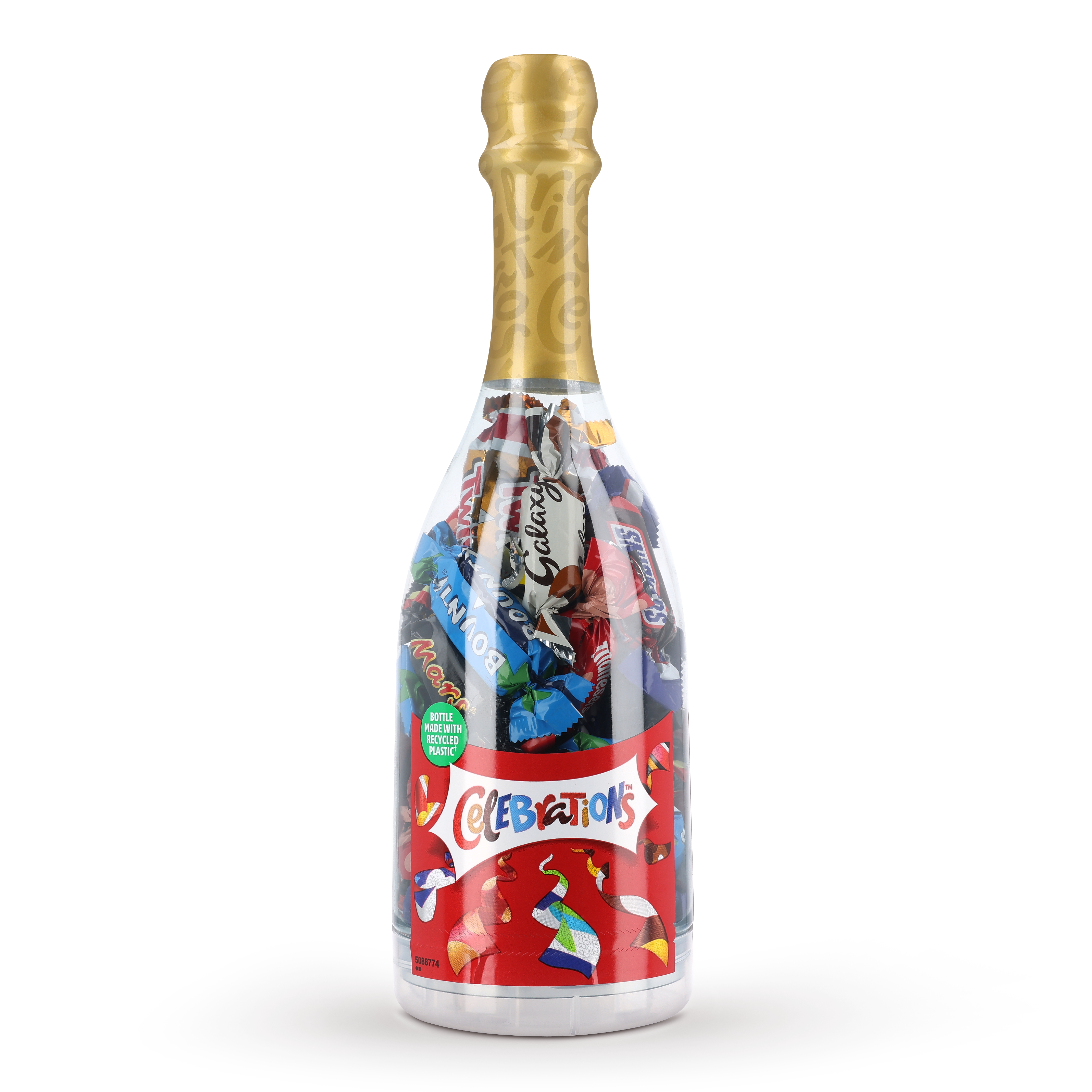 Eine Celebrations Geschenkflasche mit Pralinen gefüllt und individueller Namens-Verpackung