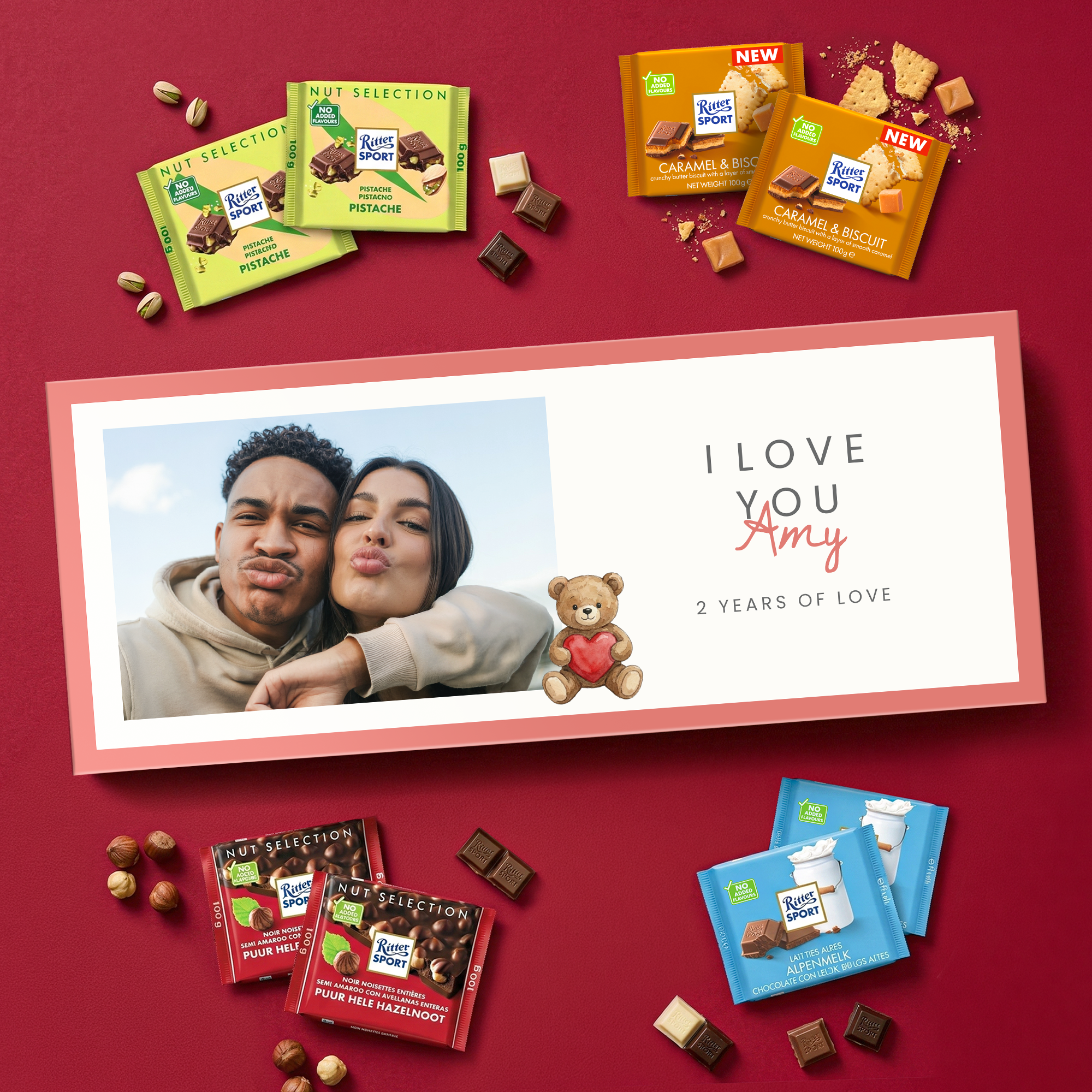 Personalised Mega chocolate bar - Ritter Sport - 8 bars printed with a photo and text alongside eight chocolate bars on a red background