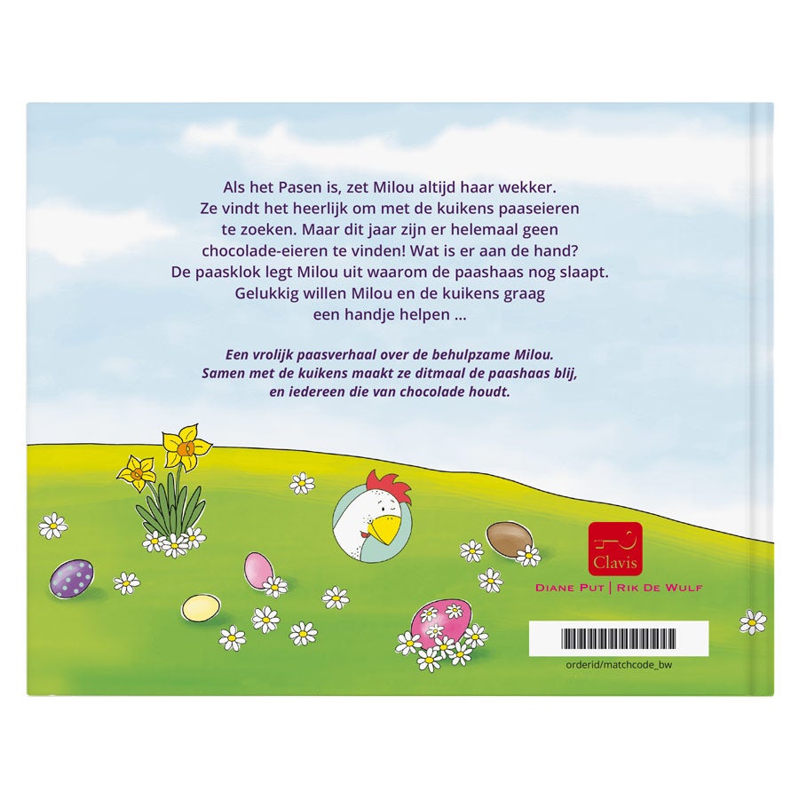 Gepersonaliseerd kinderboek Ga samen met de kuikens op jacht naar de chocolade-eieren, met paaseieren en kuikens geïllustreerd op de achterkant van de kaft.