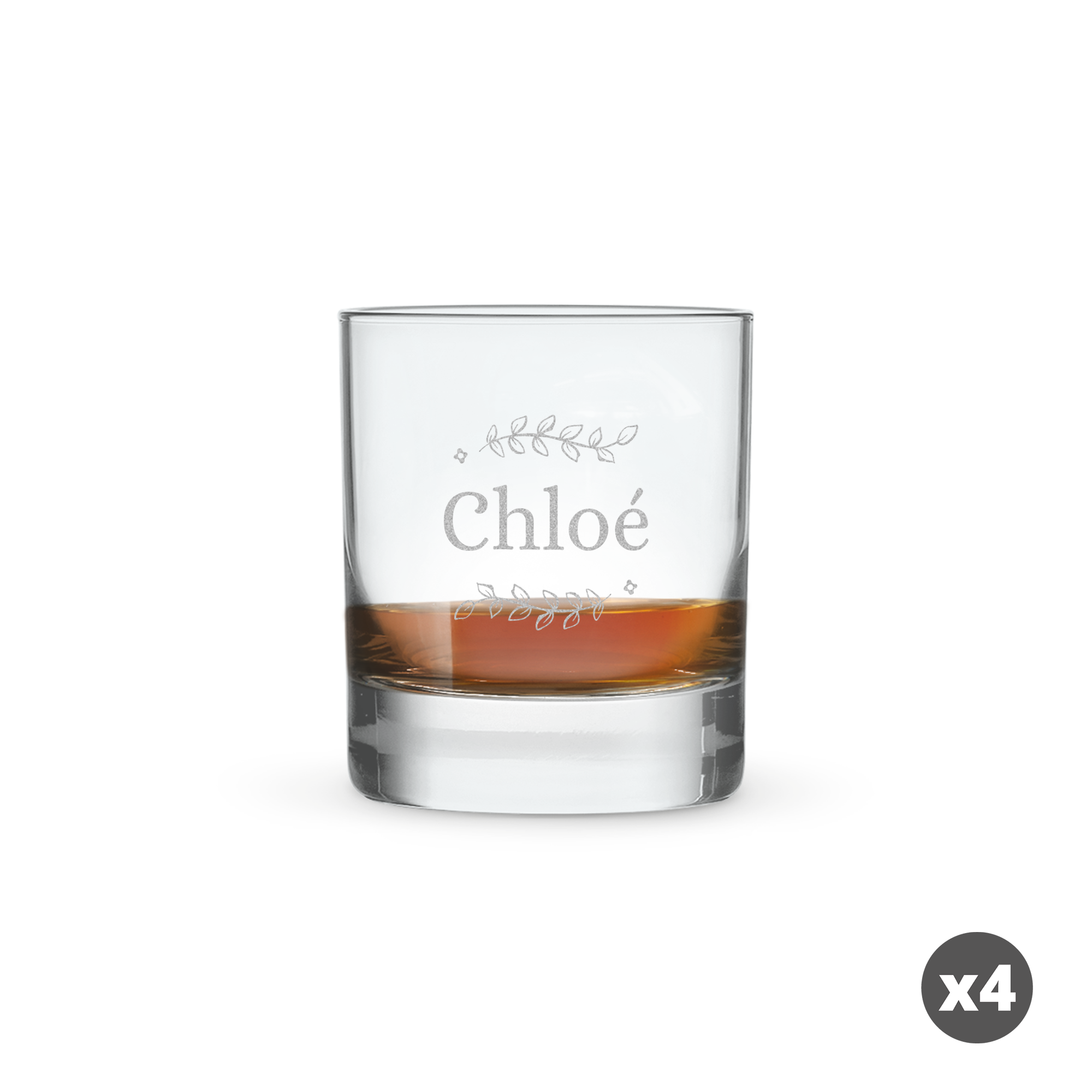 Verre tumbler gravé avec le prénom Chloé et un motif de feuilles personnalisez votre verre.