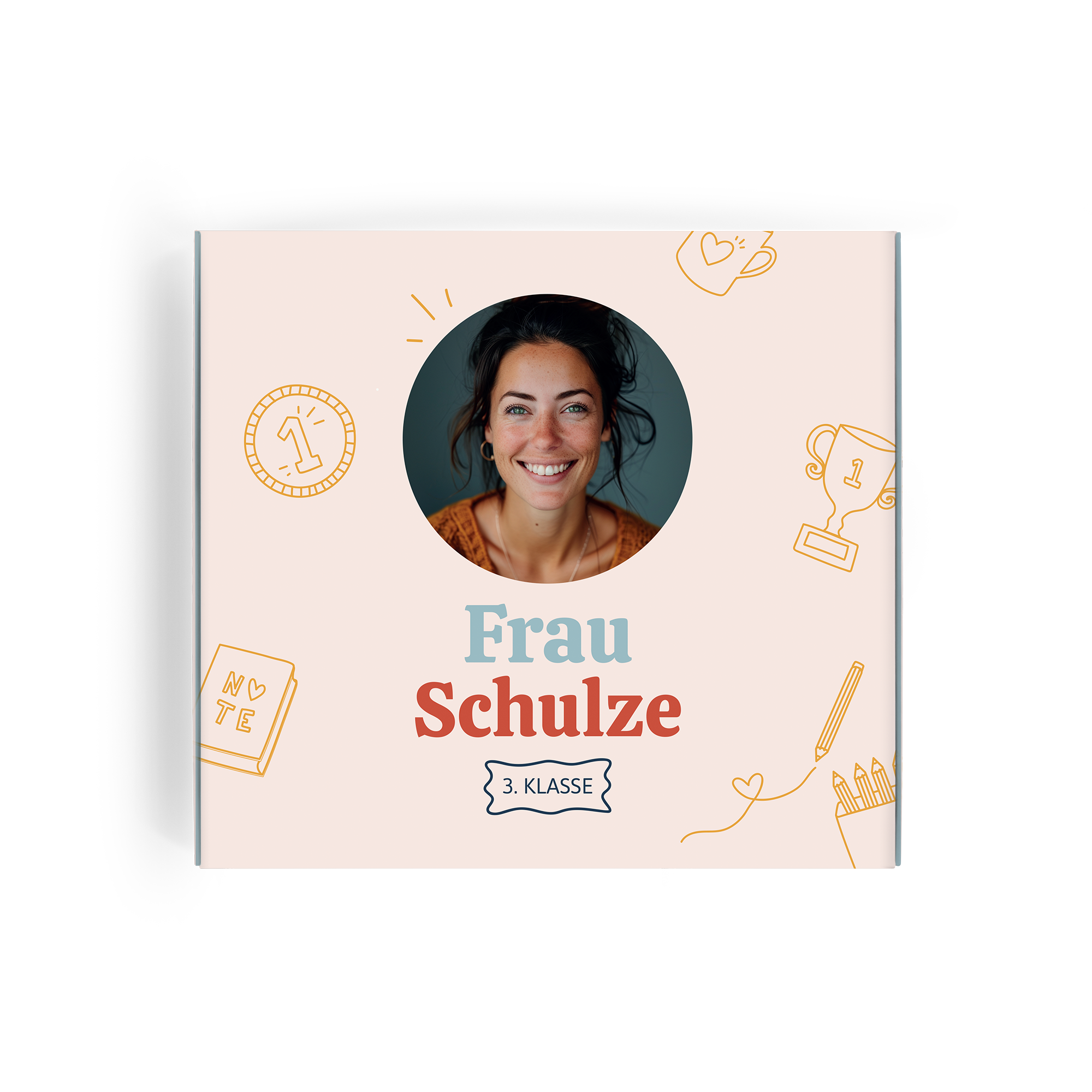 Personalisierte Milka Geschenkbox für Lehrer, bedruckt mit Foto, dem Namen Frau Schulze und 3. Klasse