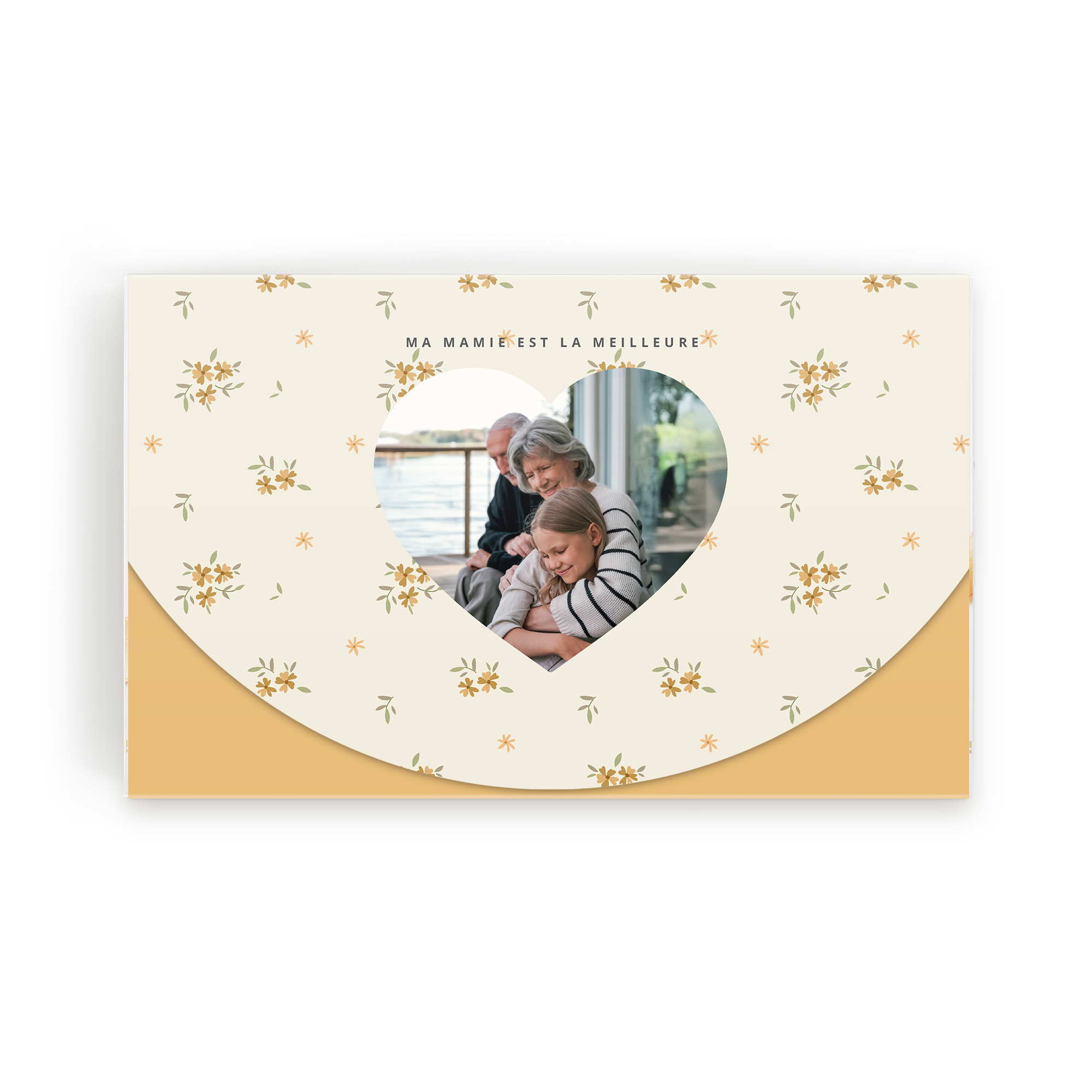 Coffret de chocolats personnalisé avec photo imprimée dune petite fille et ses grands-parents, texte Ma mamie est la meilleure