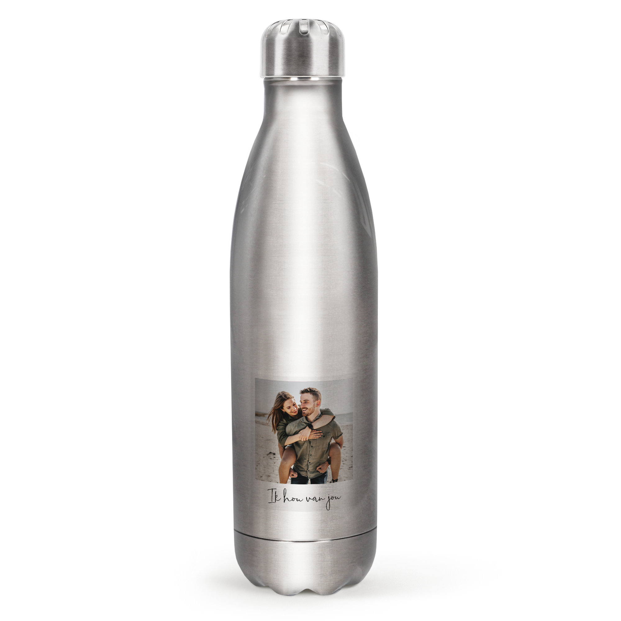 Zilveren aluminium waterfles bedrukt met foto van stel en de tekst Ik hou van jou, voor een persoonlijke fles voor elk avontuur.